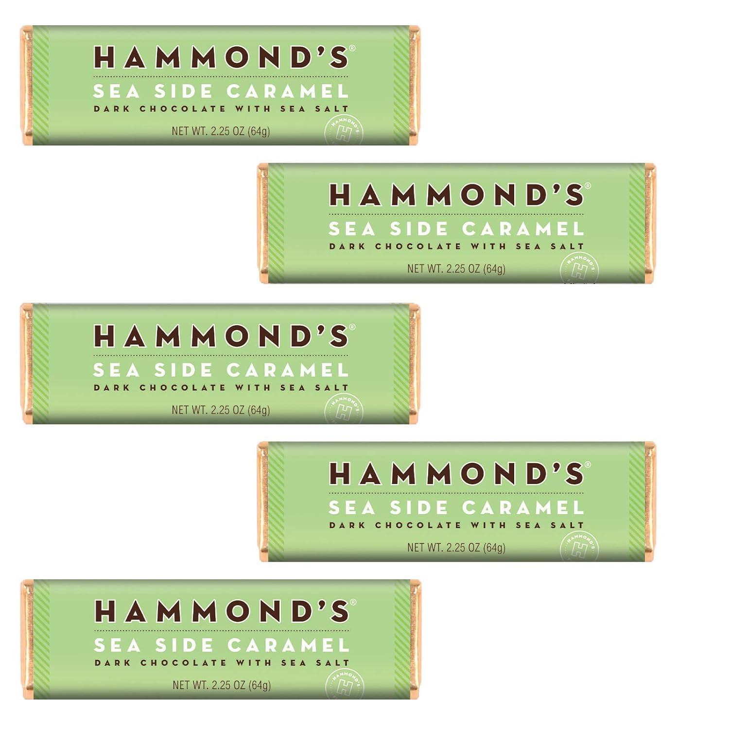 Five bars of Hammond's Sea Side Caramel chocolate on a white background
