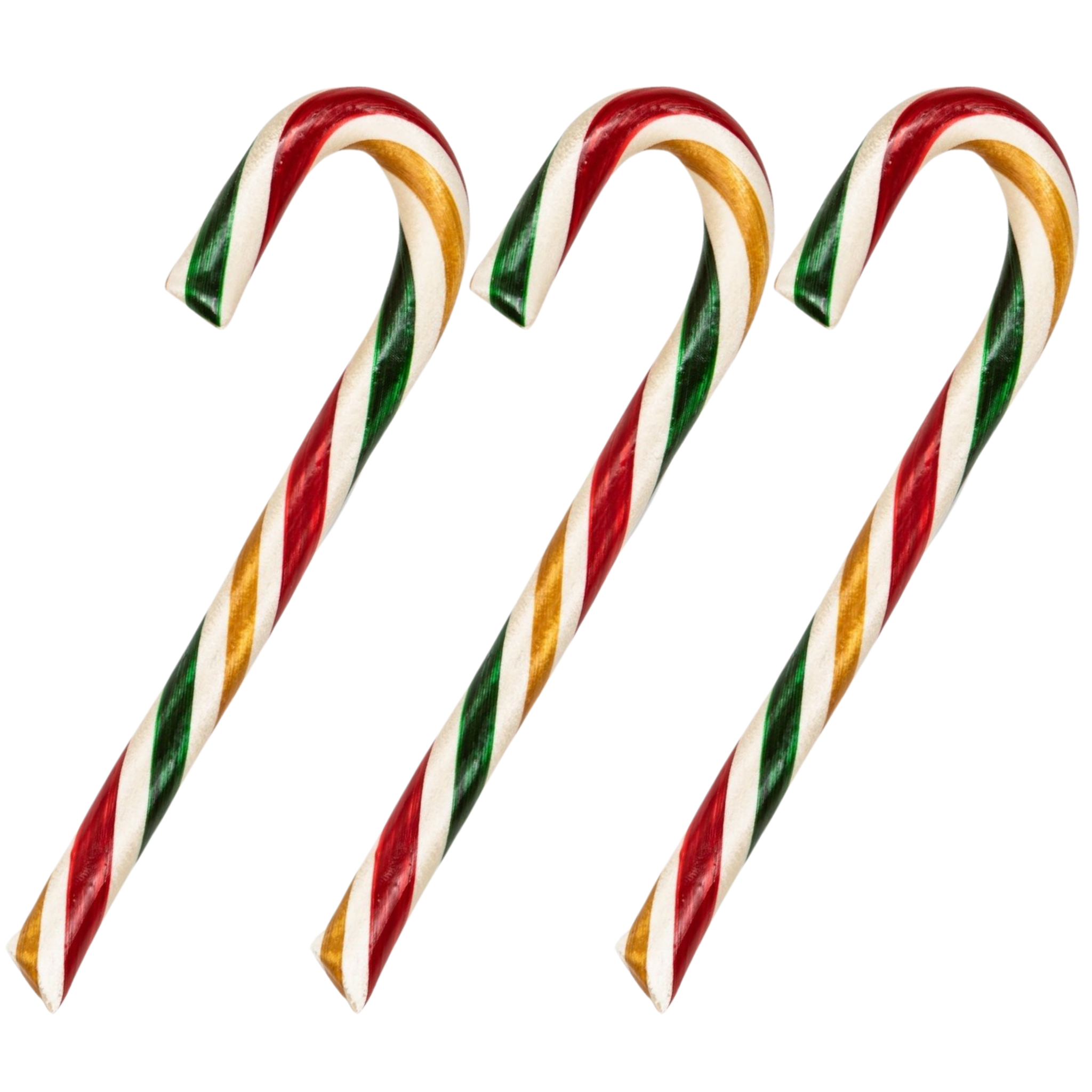 A set of three candy canes with red, green, and white stripes, filled with frosting.