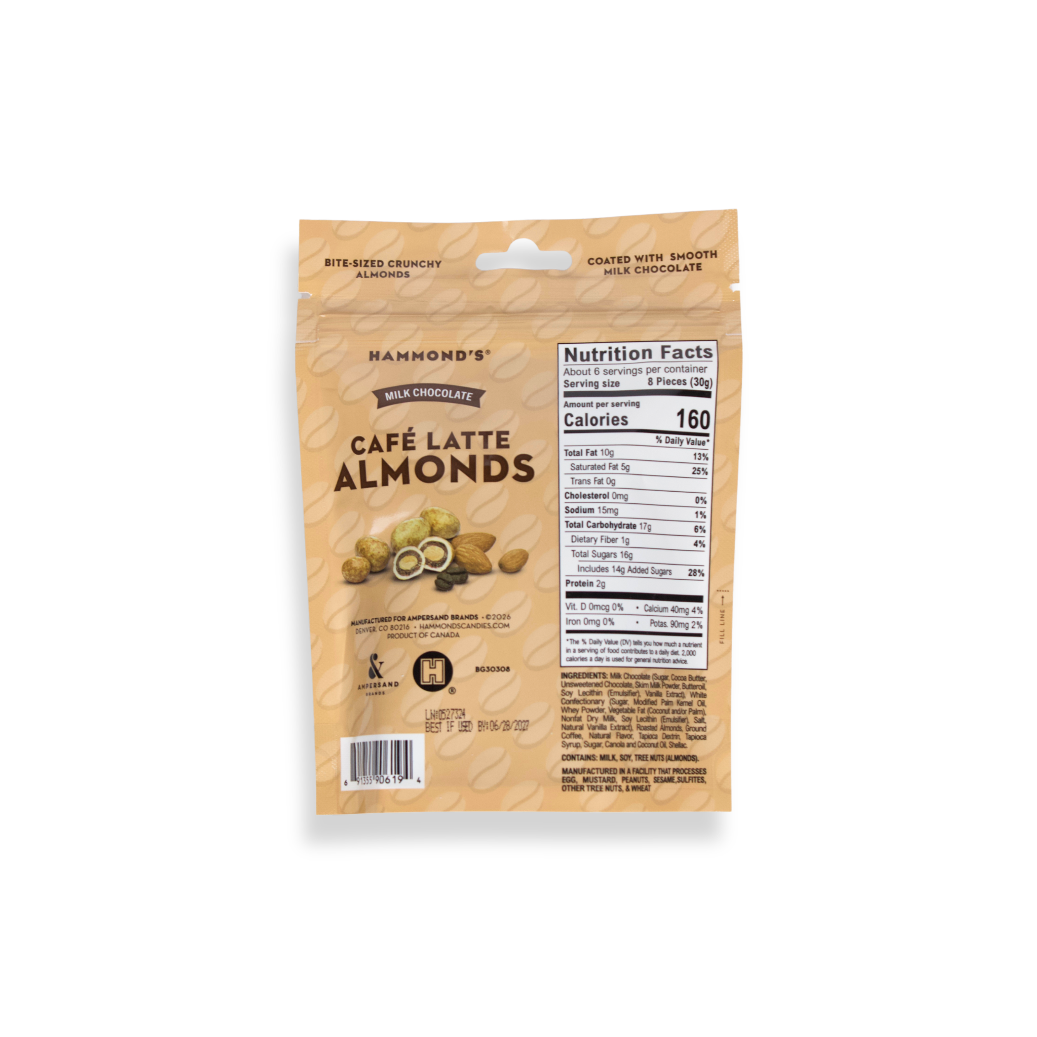 Back of cafe latte almonds packaging on white background