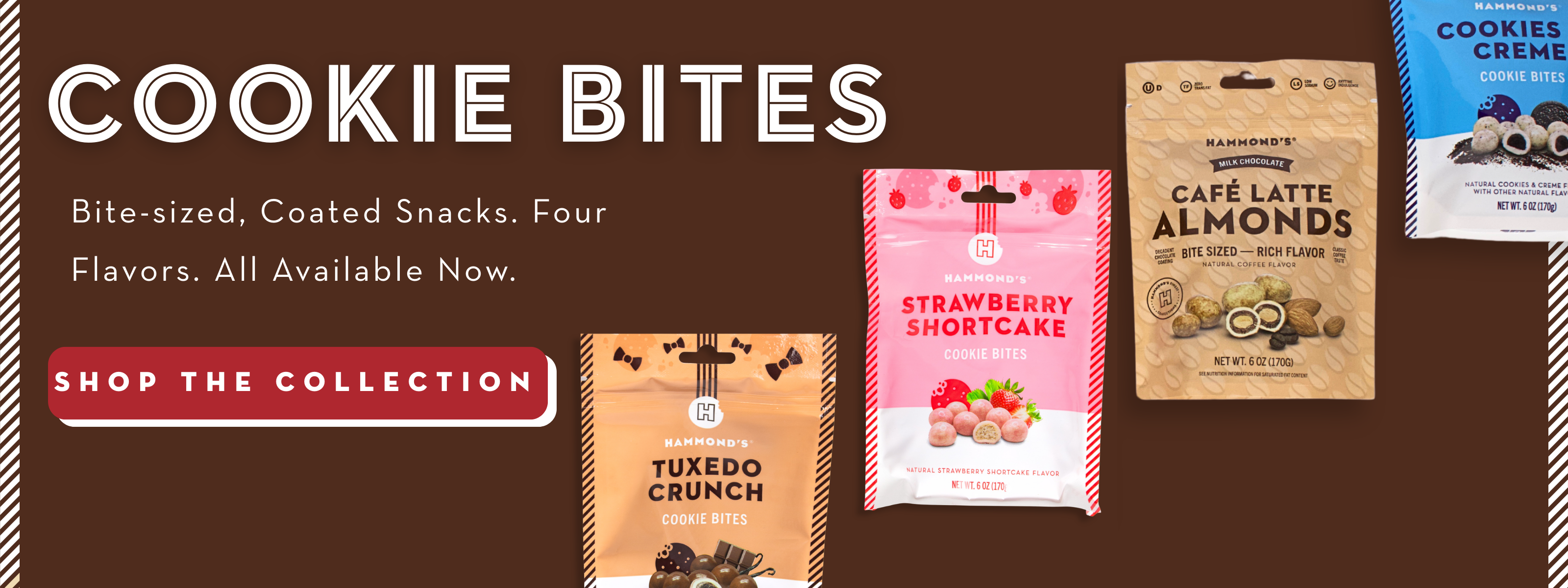 Cookie Bites Are Here. 4 flavors on brown background with button that reads "shop the collection"