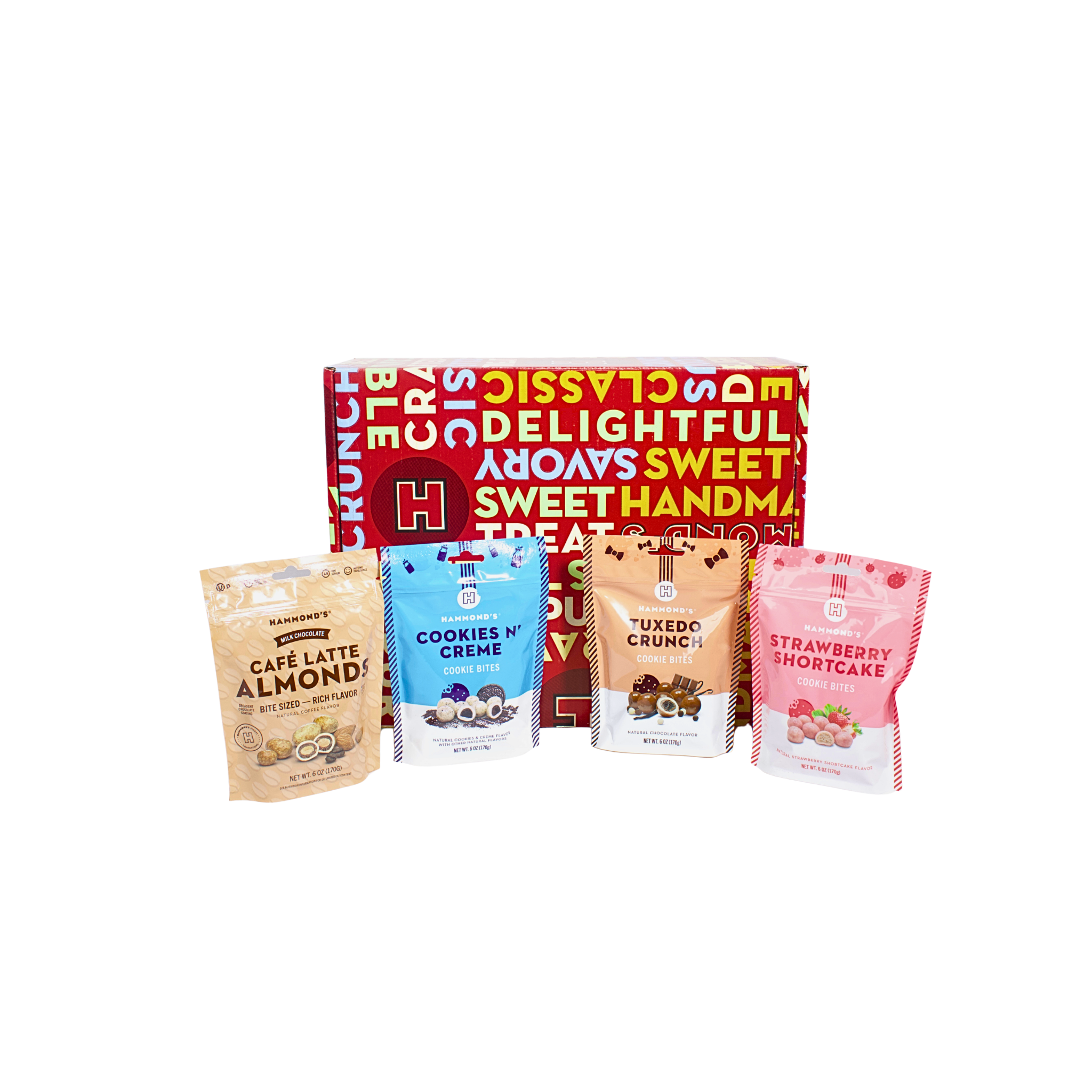 Assorted snack packages with a colorful box in the background on a white background