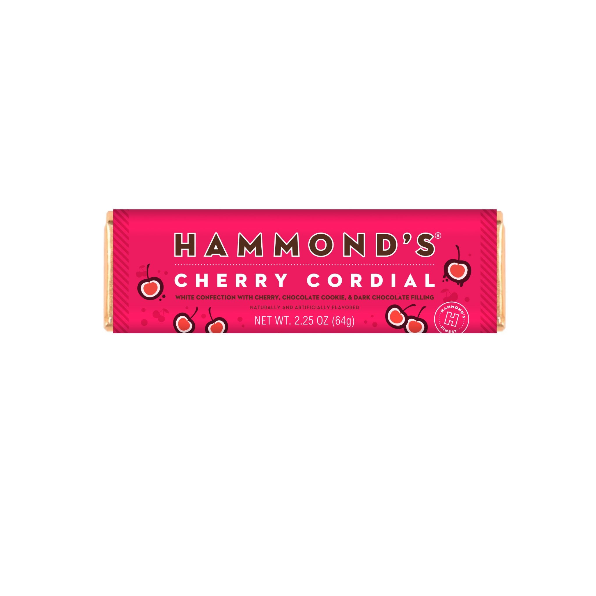 A packaged candy bar of Hammond's Cherry Cordial on a plain white background.