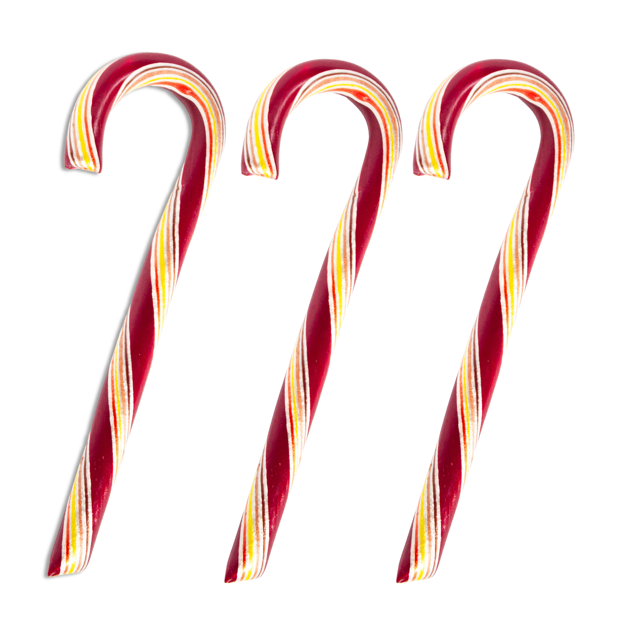 Three large candy cane-shaped items with red, white, and yellow spiral stripes on a plain white background.
