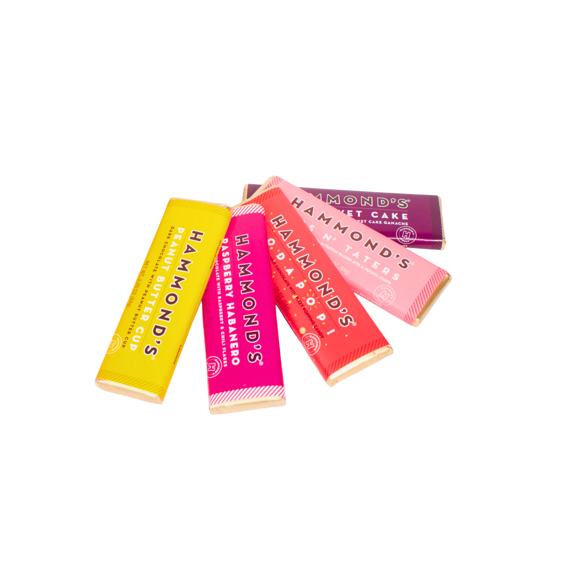 Five colorful boxes of Hammonds' chocolate bars on a white background