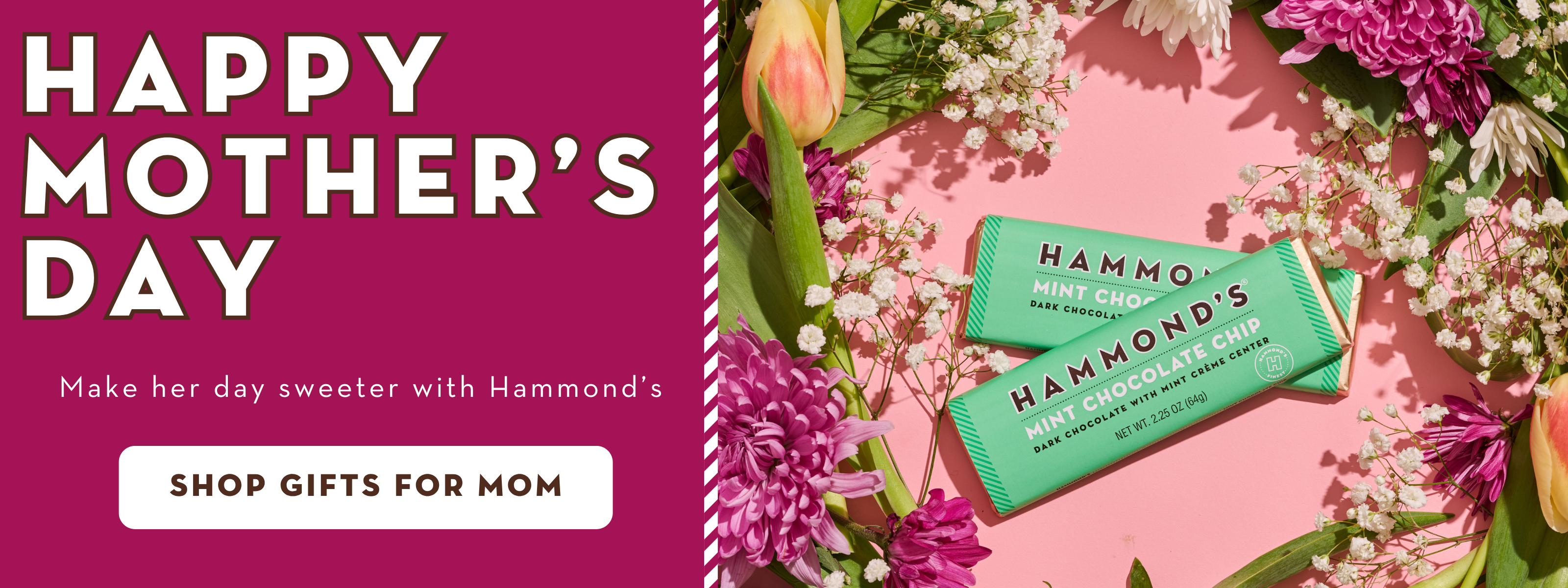 Happy Mother's Day banner with Hammond's chocolate bars and flowers on a pink background