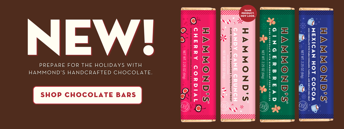 Prepare for the holidays with Hammond’s handcrafted chocolate on brown background with 4 new flavors and shop chocolate bars button.