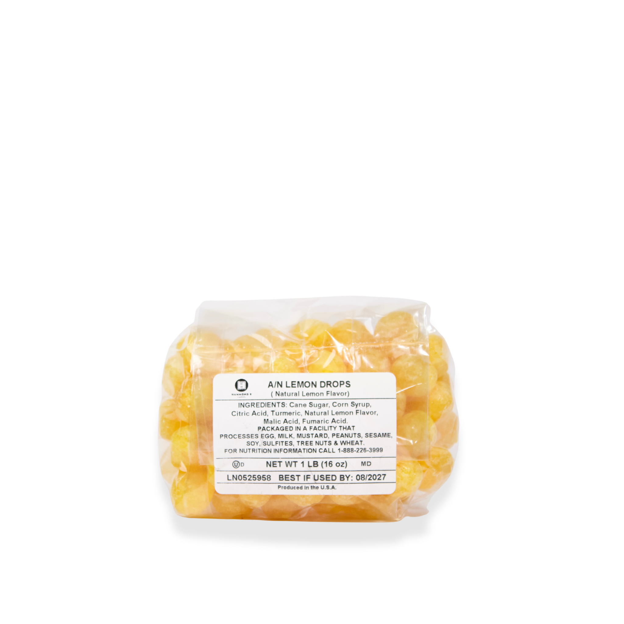 Packaged lemon drops with a label on a white background
