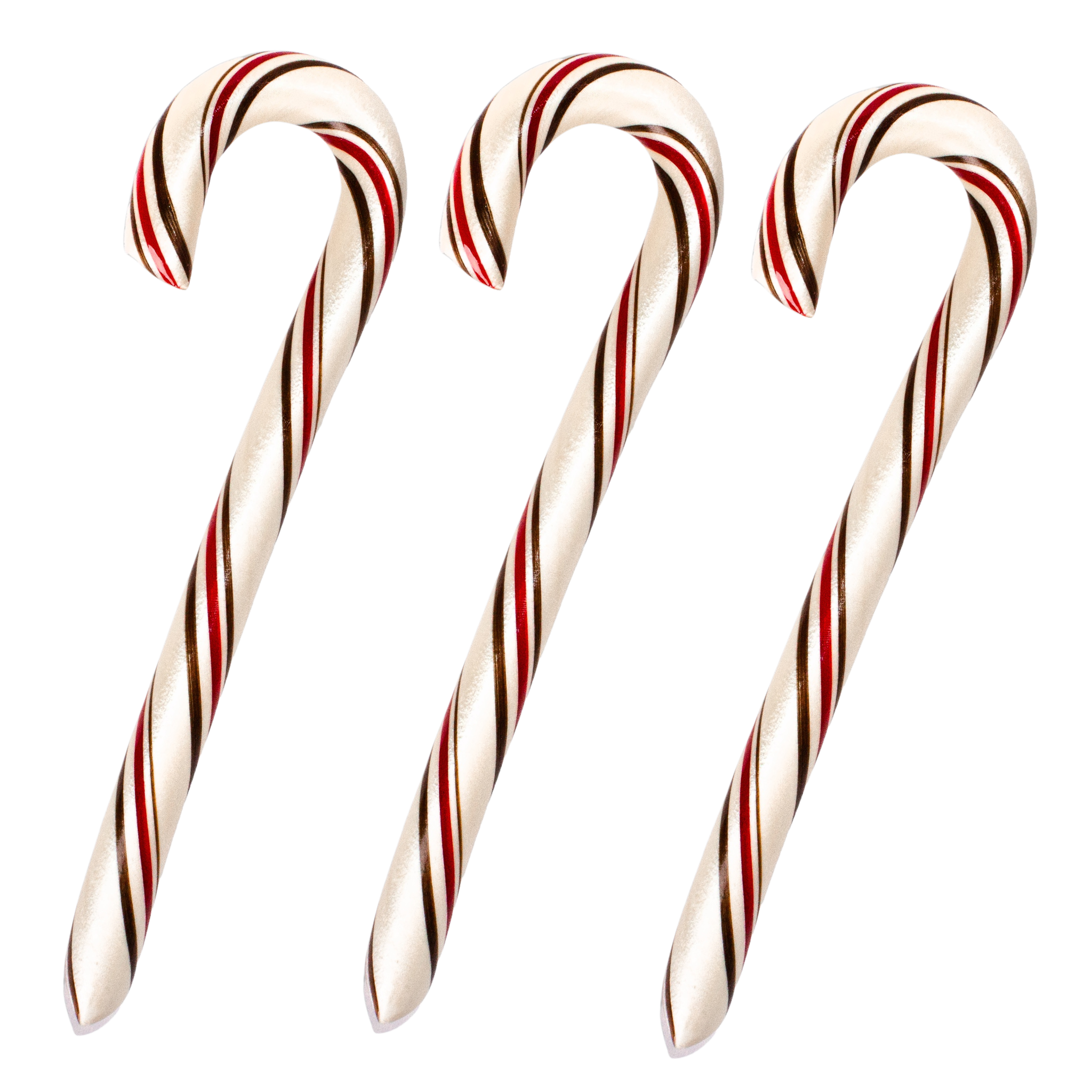 Three classic Christmas candy canes with red, white, and dark brown diagonal stripes, arranged side-by-side on a solid white background.