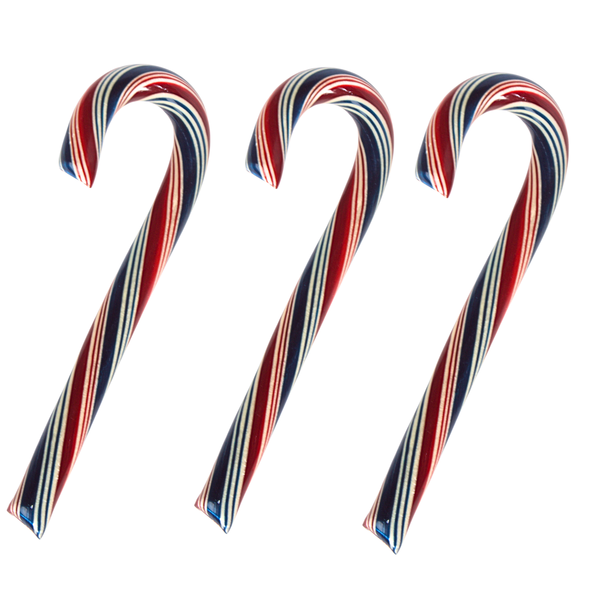 Three candy canes with red, white, and blue stripes on a white background