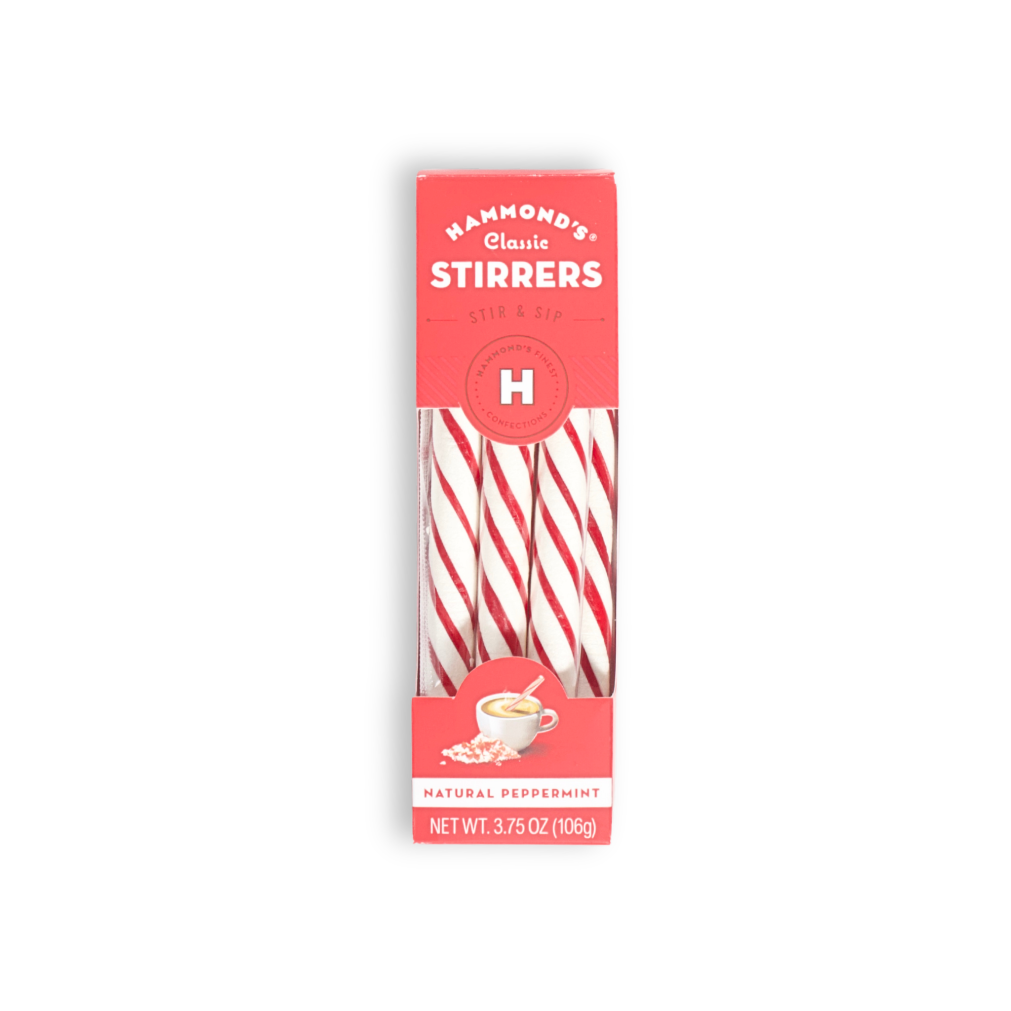Pack of red and white striped stirrers with a red box on a white background
