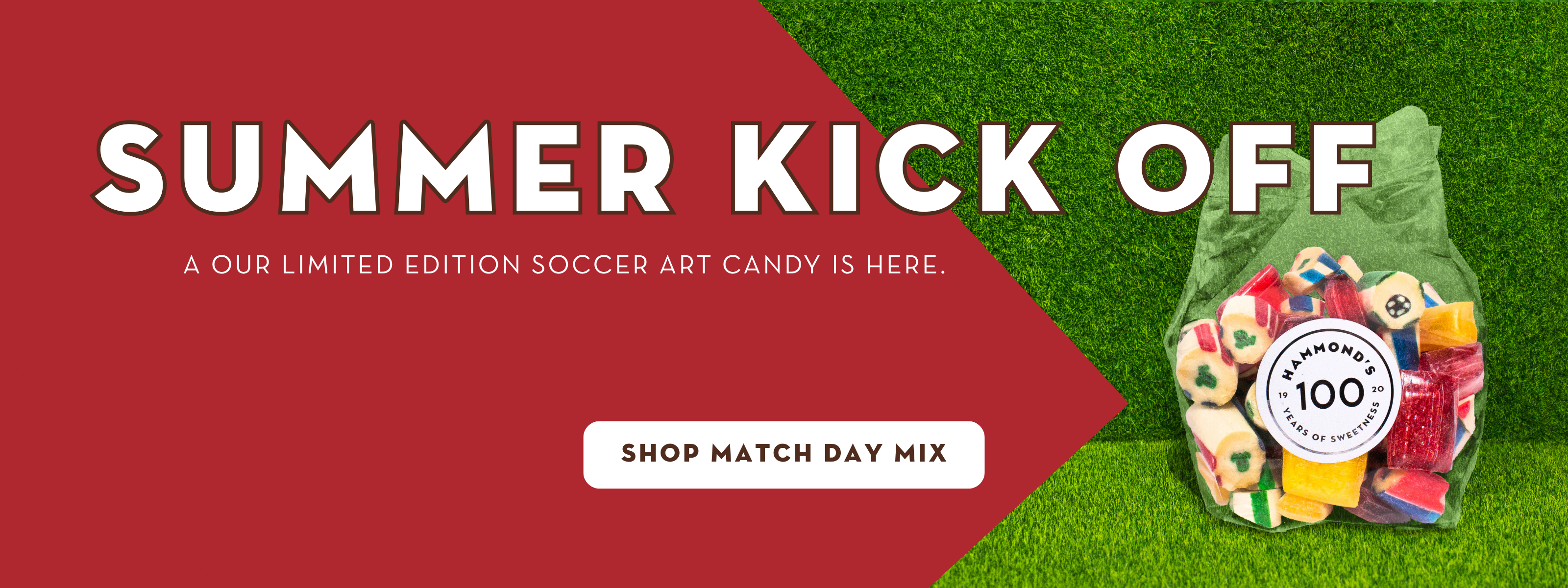 Promotional banner for a limited edition candy with soccer-themed packaging, featuring text about a 'Summer Kick Off' event.