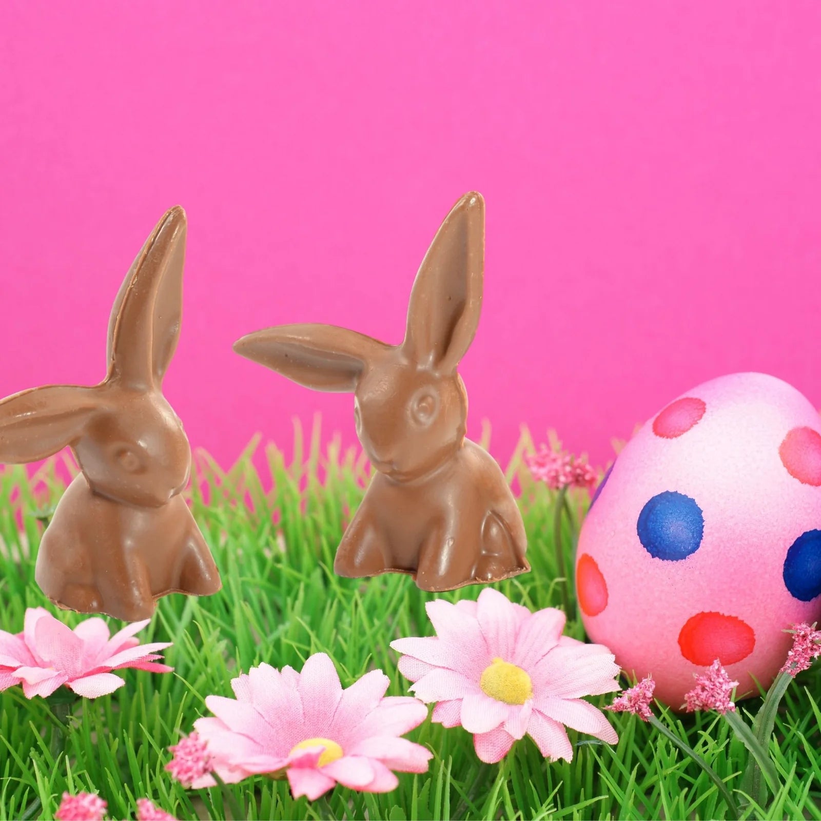Chocolate bunnies and a polka dot Easter egg on grass with pink flowers against a pink background