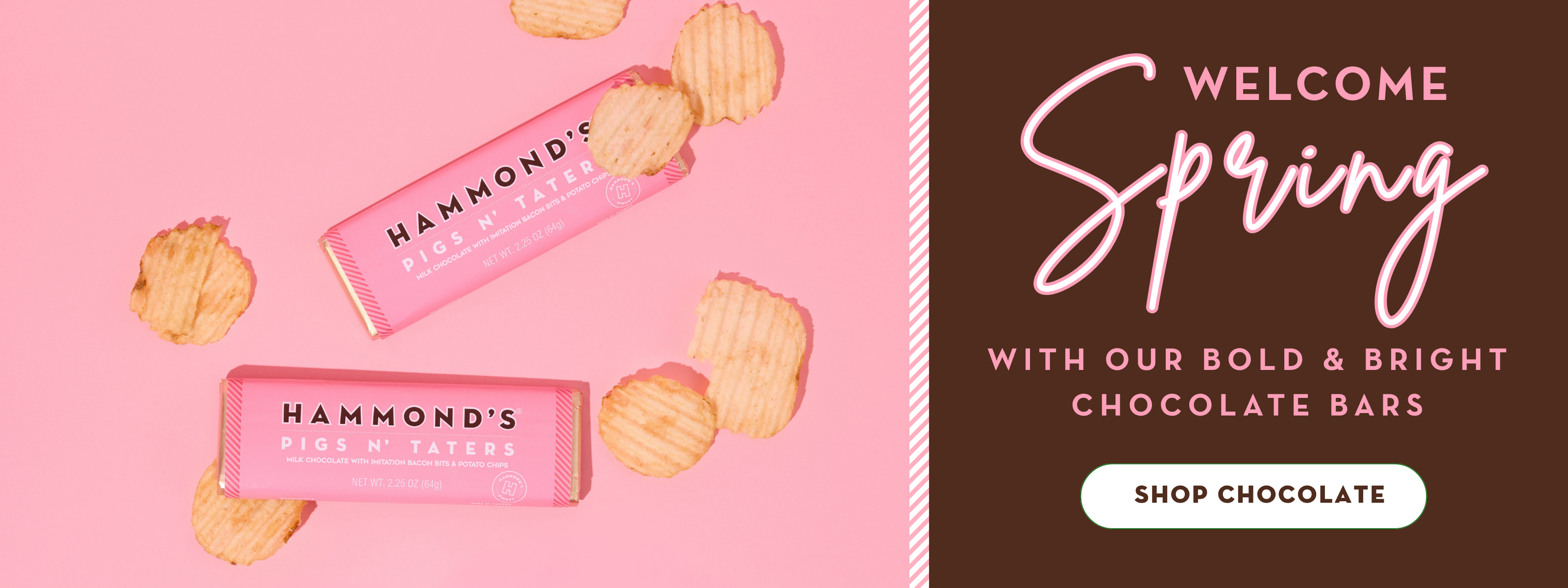 Promotional banner for Hammond's chocolate bars with a pink background and text inviting viewers to shop for chocolate.