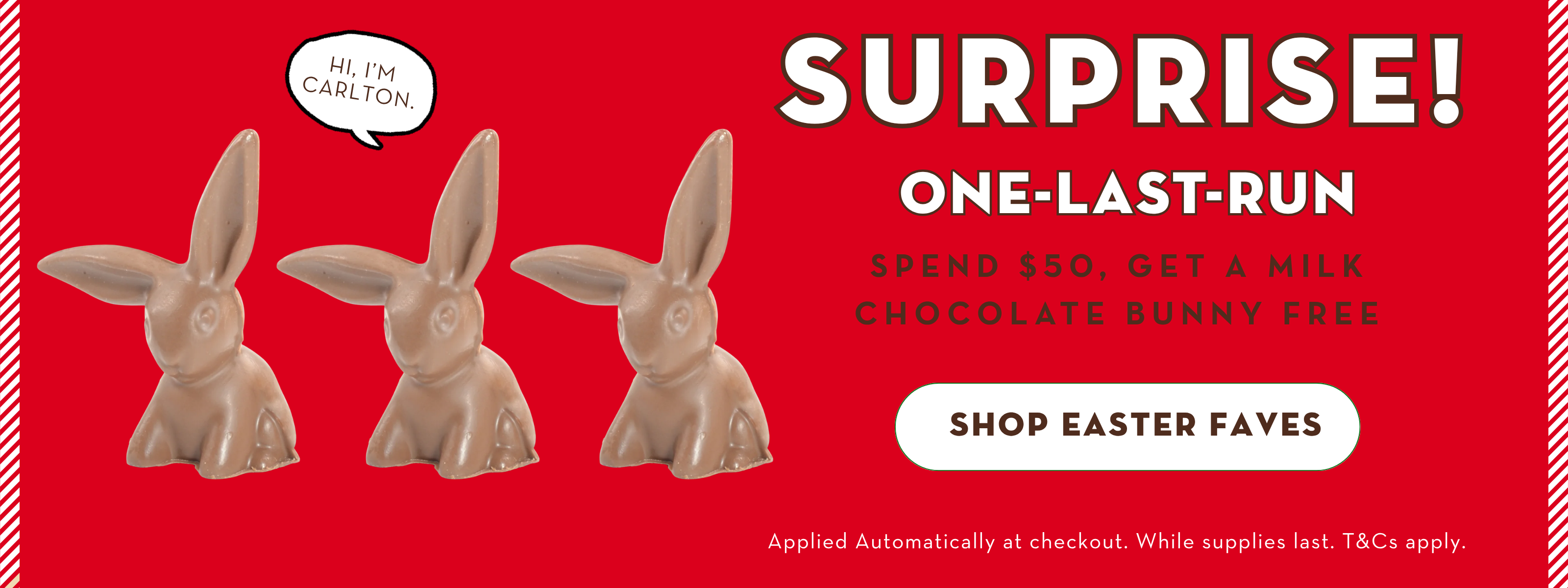 Promotional banner with chocolate bunnies and text on a red background