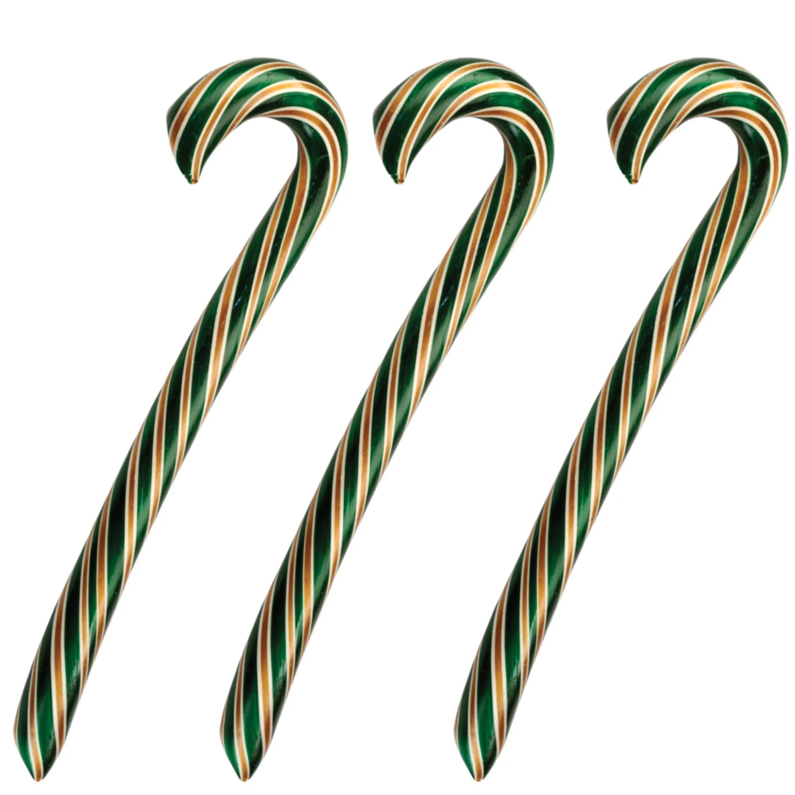 Three green and gold striped candy canes on a white background