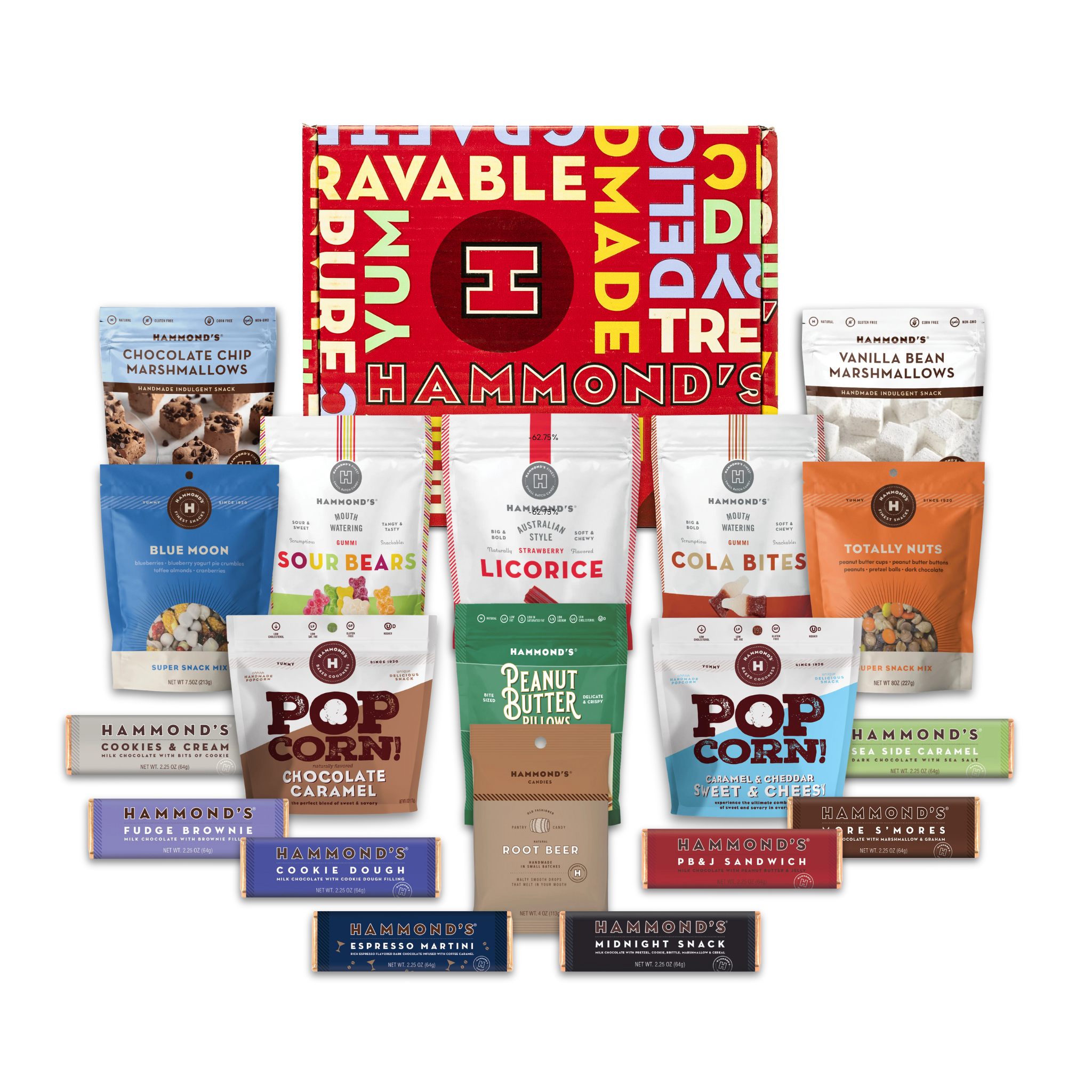 Assorted Hammond's snack packages on a white background