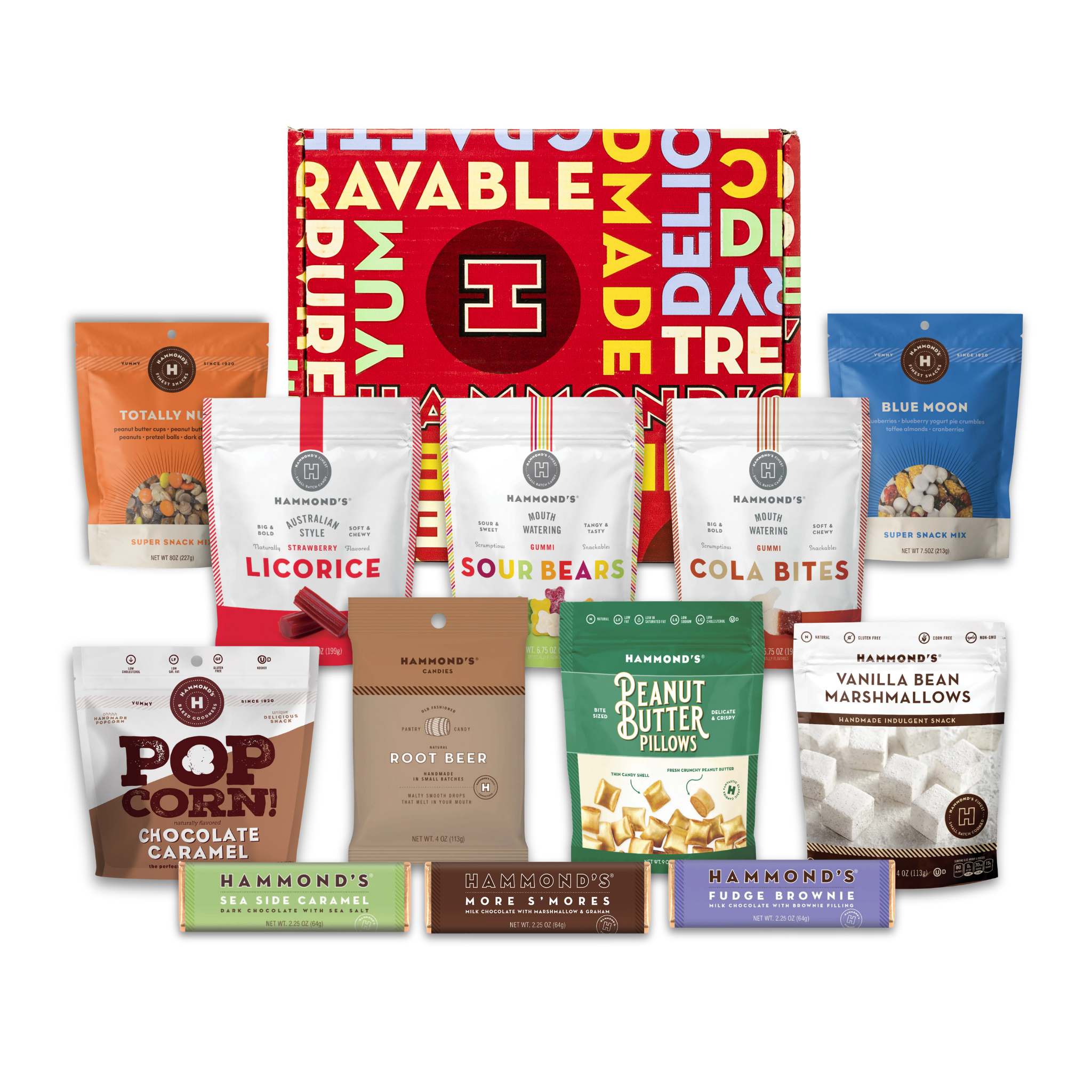 Assorted snack packages with a colorful box labeled 'Ravable' on a white background