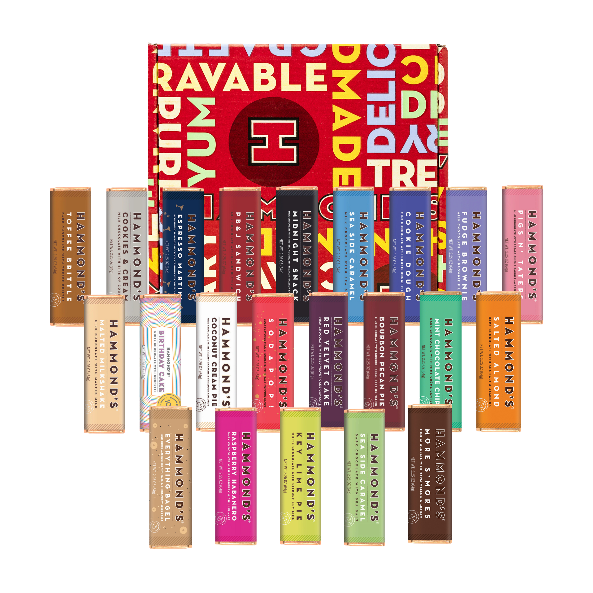 Collection of Hammonds chocolate bars with a colorful box in the background