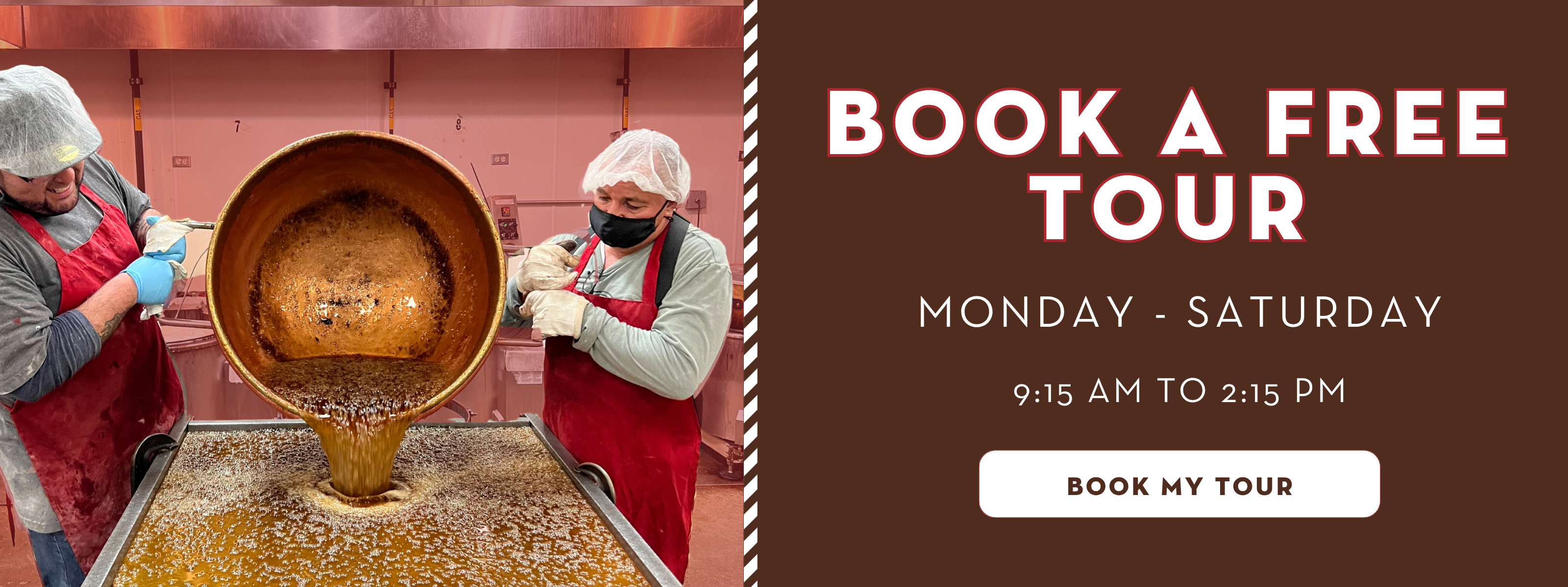 Promotional graphic for a free tour of Hammond's Candies, featuring a photo of workers in protective gear pouring ingredients on the left and text on the right reading 'BOOK A FREE TOUR', 'MONDAY - SATURDAY', '9:15 AM TO 2:15 PM', and 'BOOK MY TOUR'.