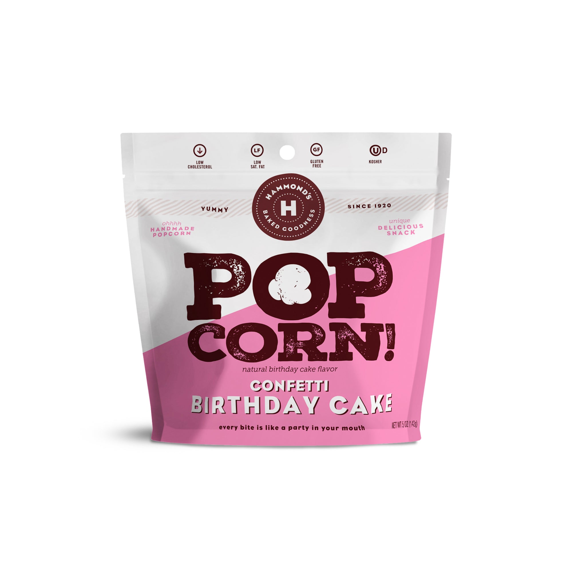 Hammonds Popcorn Confetti Birthday Cake flavor packaging on a white background