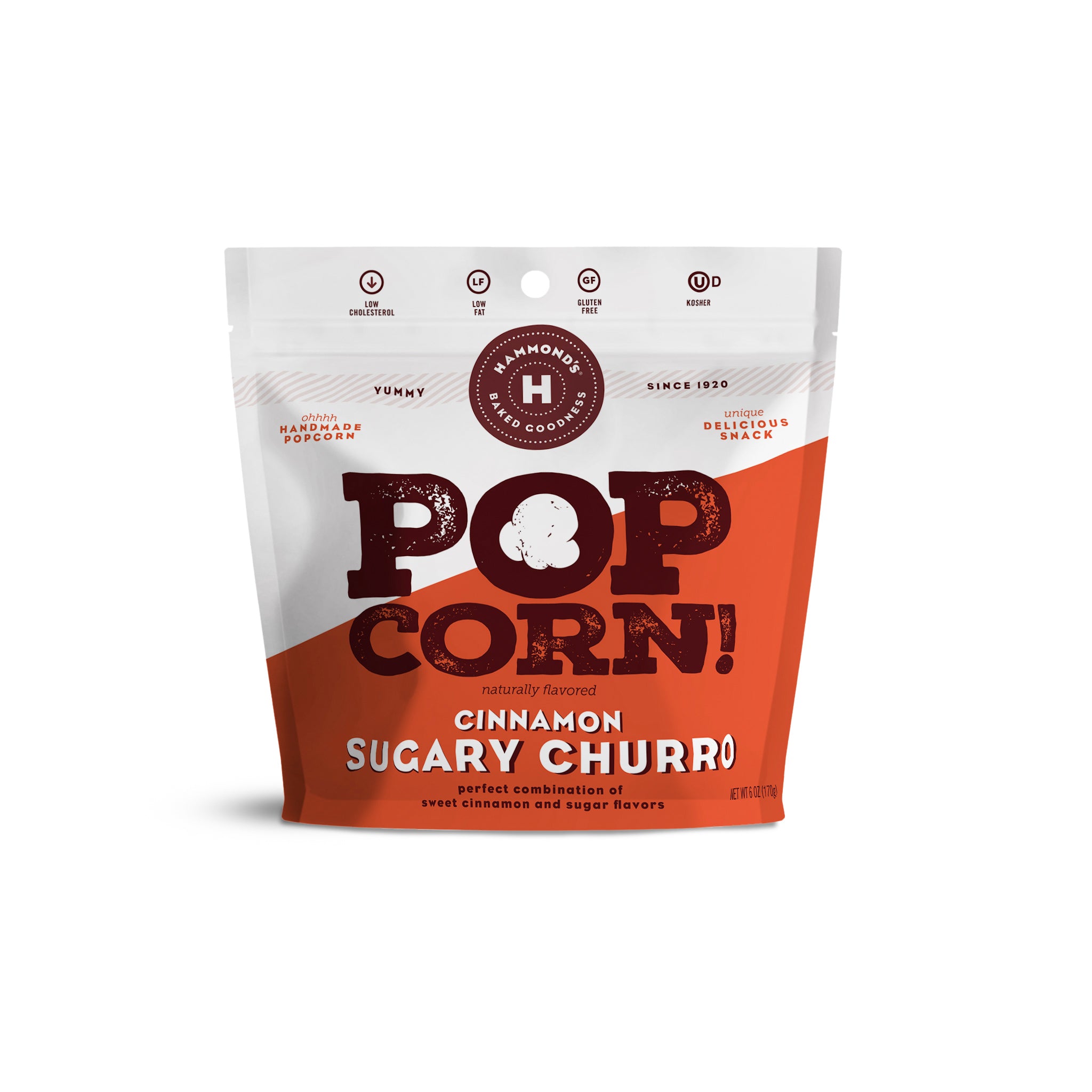 Hammonds Popcorn Cinnamon Sugary Churro flavor packaging on a white background