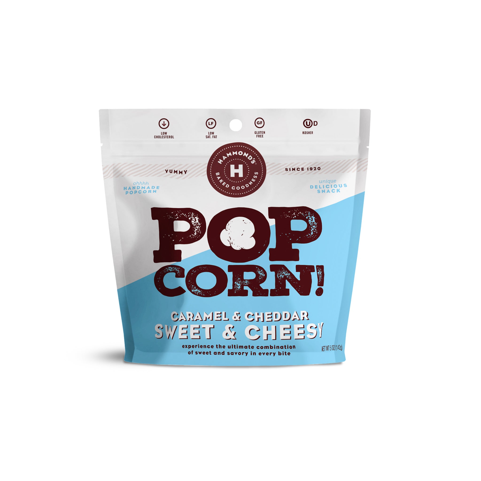 Hammond's Popcorn Caramel & Cheddar Sweet & Cheese flavor packaging on a white background
