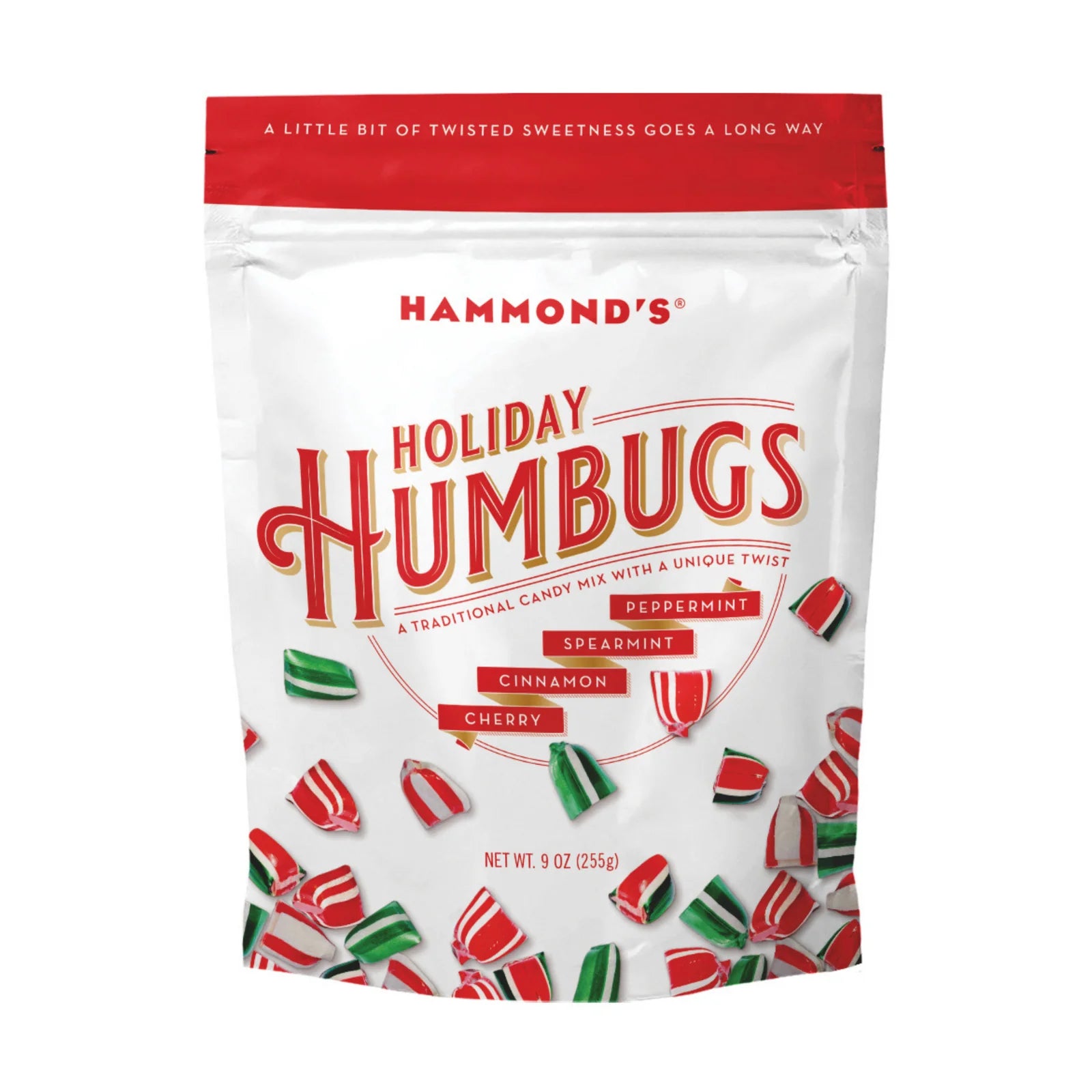Packaging of Hammond's Holiday Humbugs candy with a red and white design.