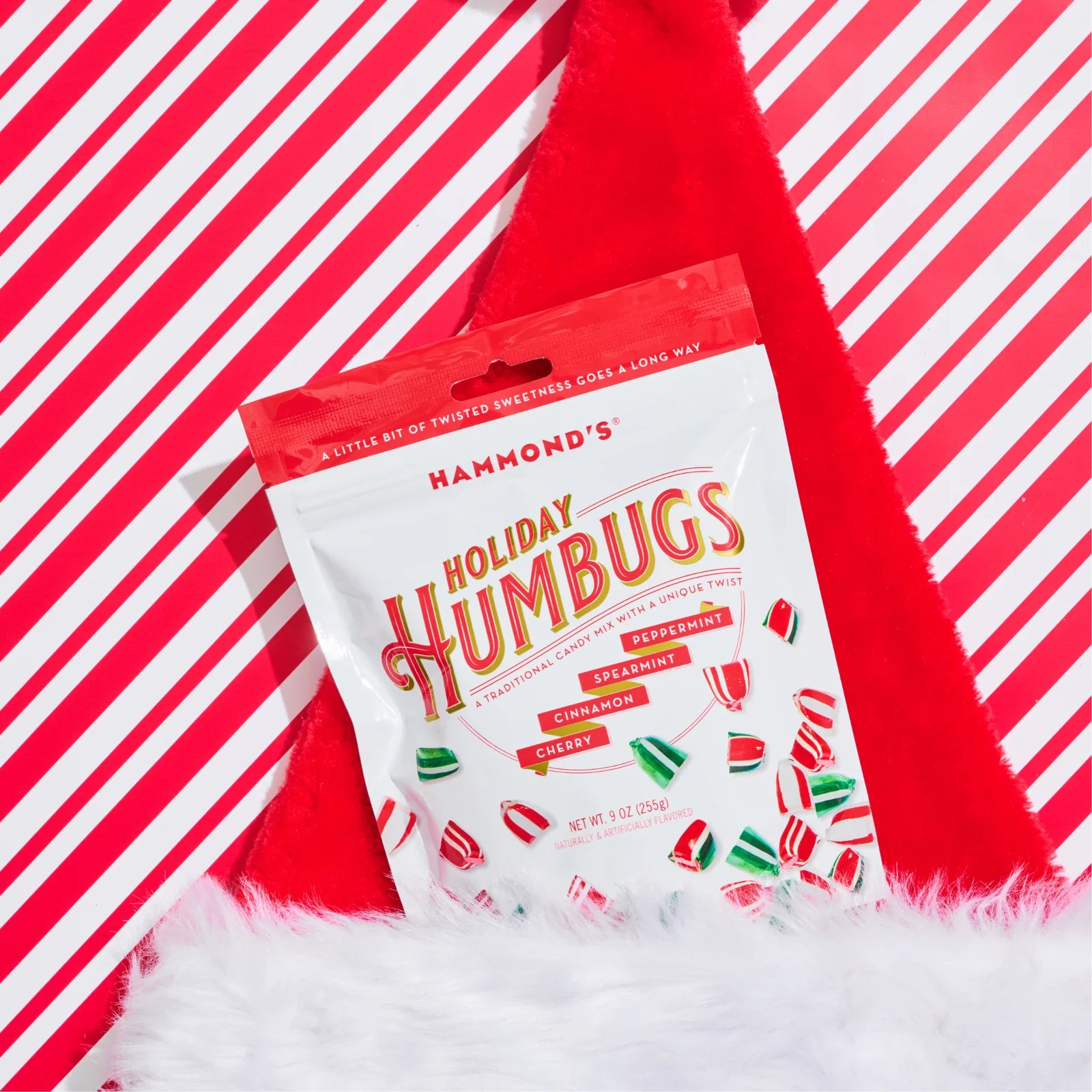 Pack of Hammond's Holiday Humbugs candy on a red and white striped background