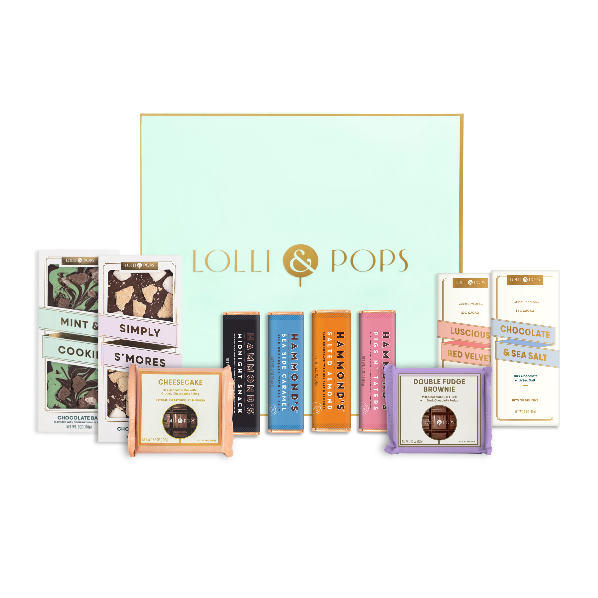 Lollipops and chocolate bars displayed in front of a Lolli & Pops branded box on a white background