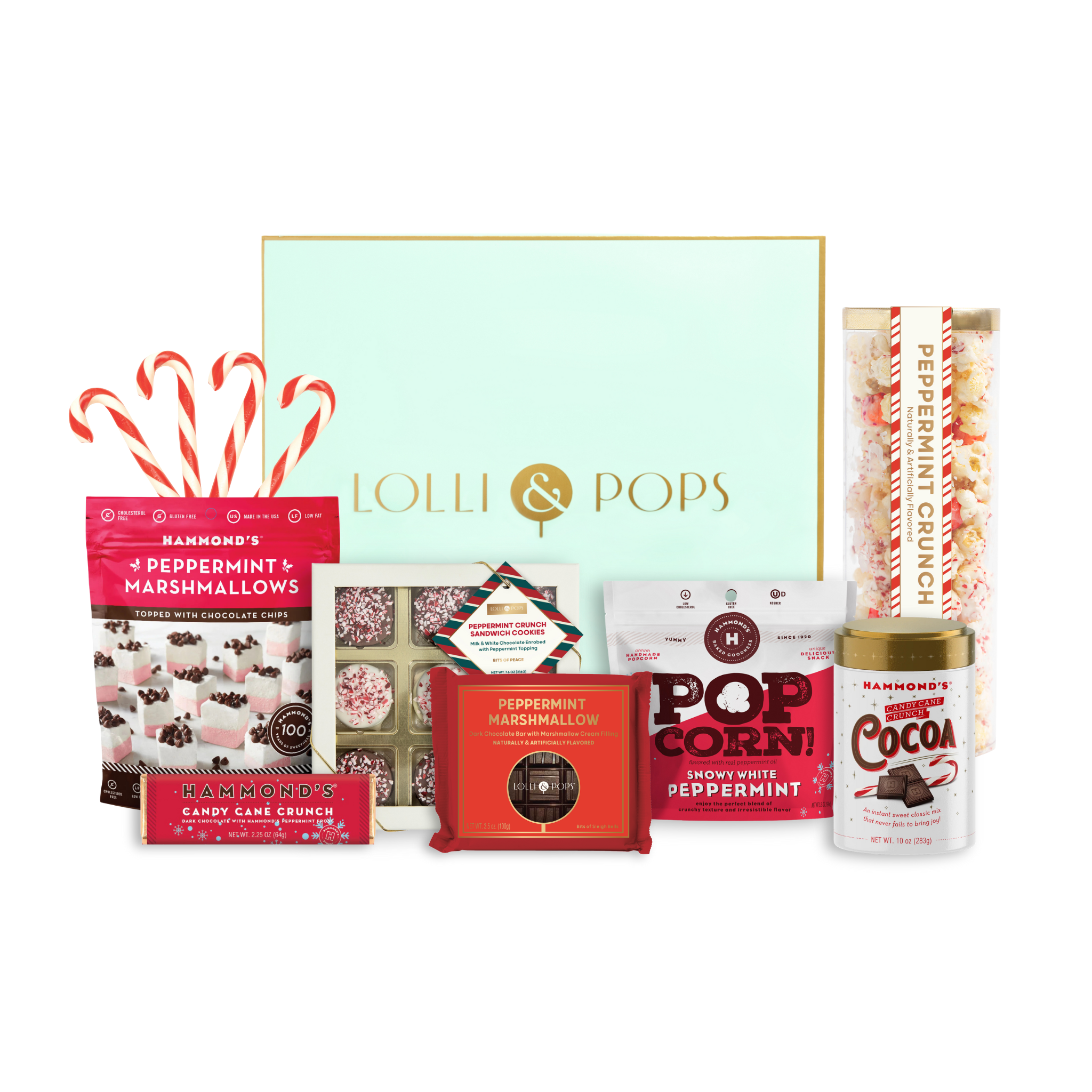 Collection of Lolli & Pops holiday-themed products including candy canes, marshmallows, popcorn, and cocoa on a white background.