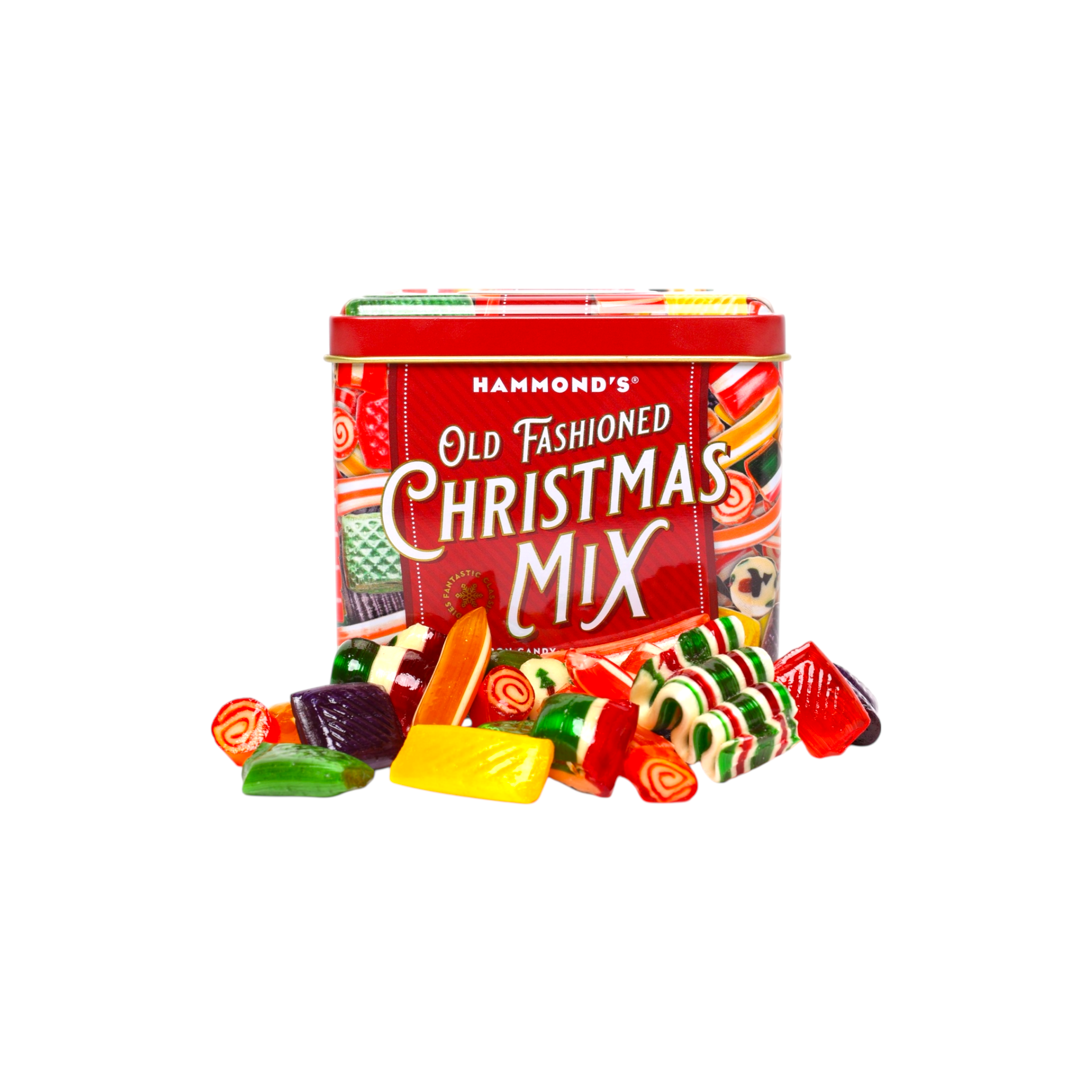 Christmas Mix Tin with mixed hard candy on white background