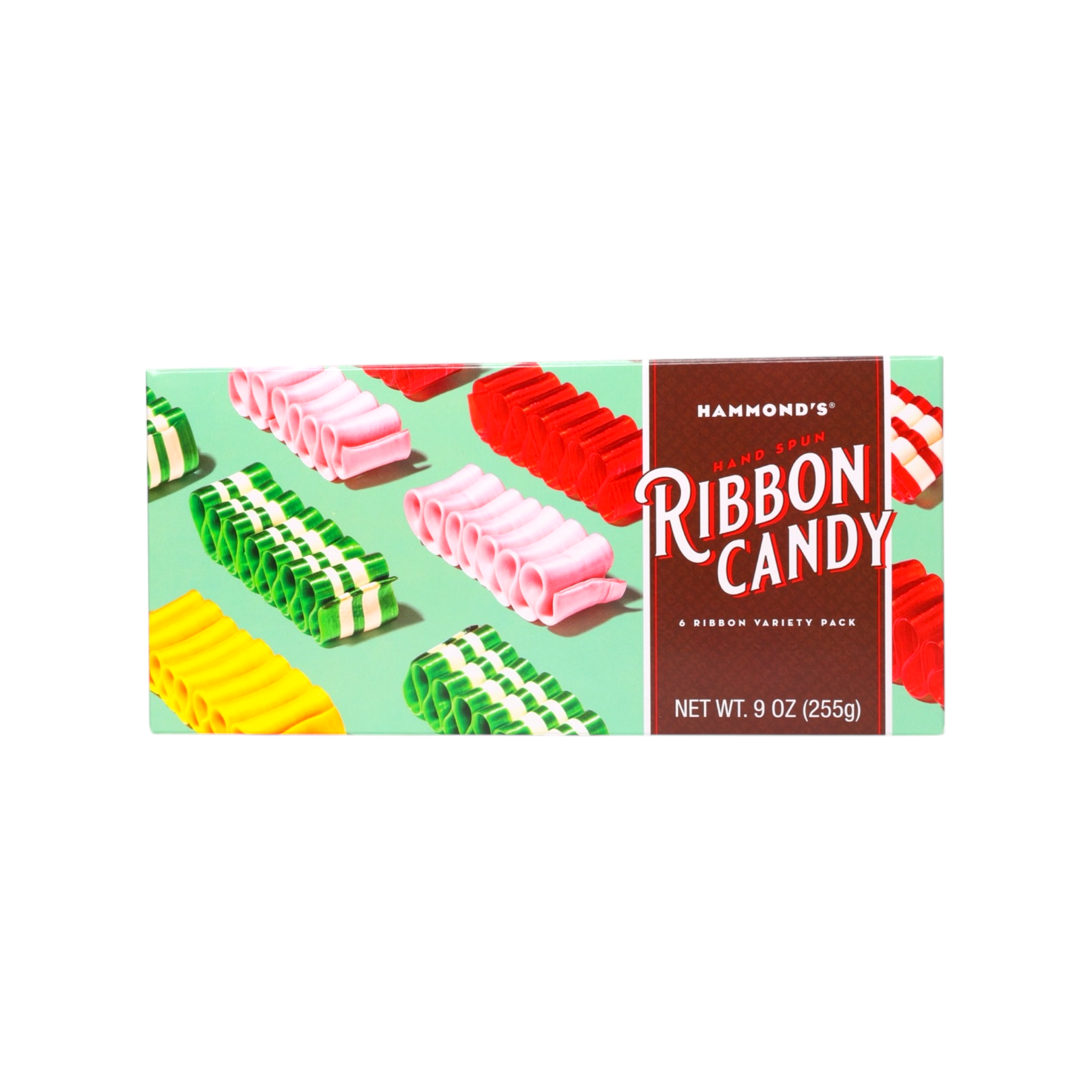 Ribbon candy gift box in front of white background