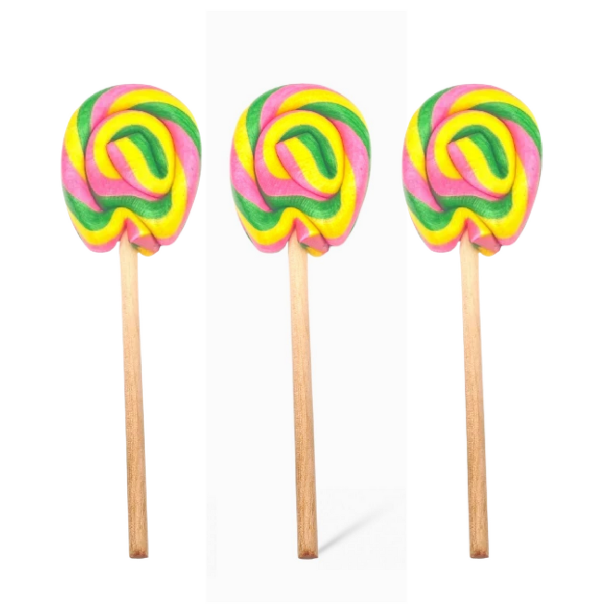 Three colorful spiral lollipops with pink, yellow, and green swirls on wooden sticks, arranged vertically against a white background.