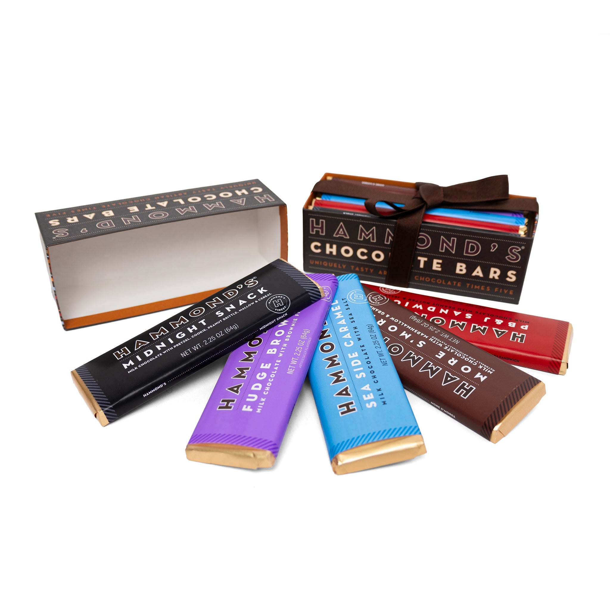 Collection of chocolate bars with visible branding on a white background
