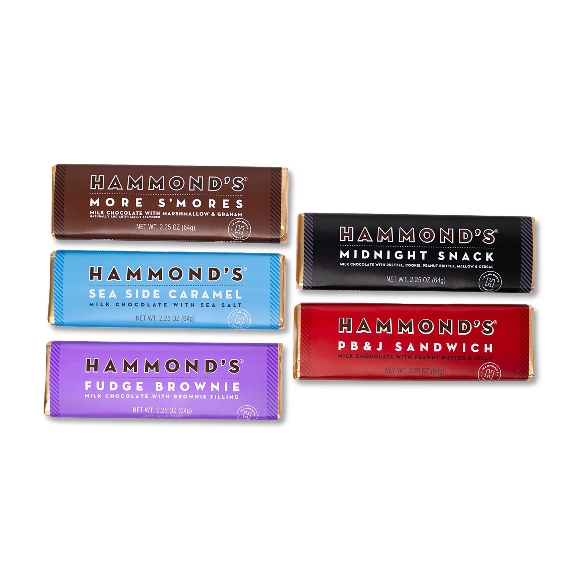 Five different chocolate bars from Hammond's on a white background
