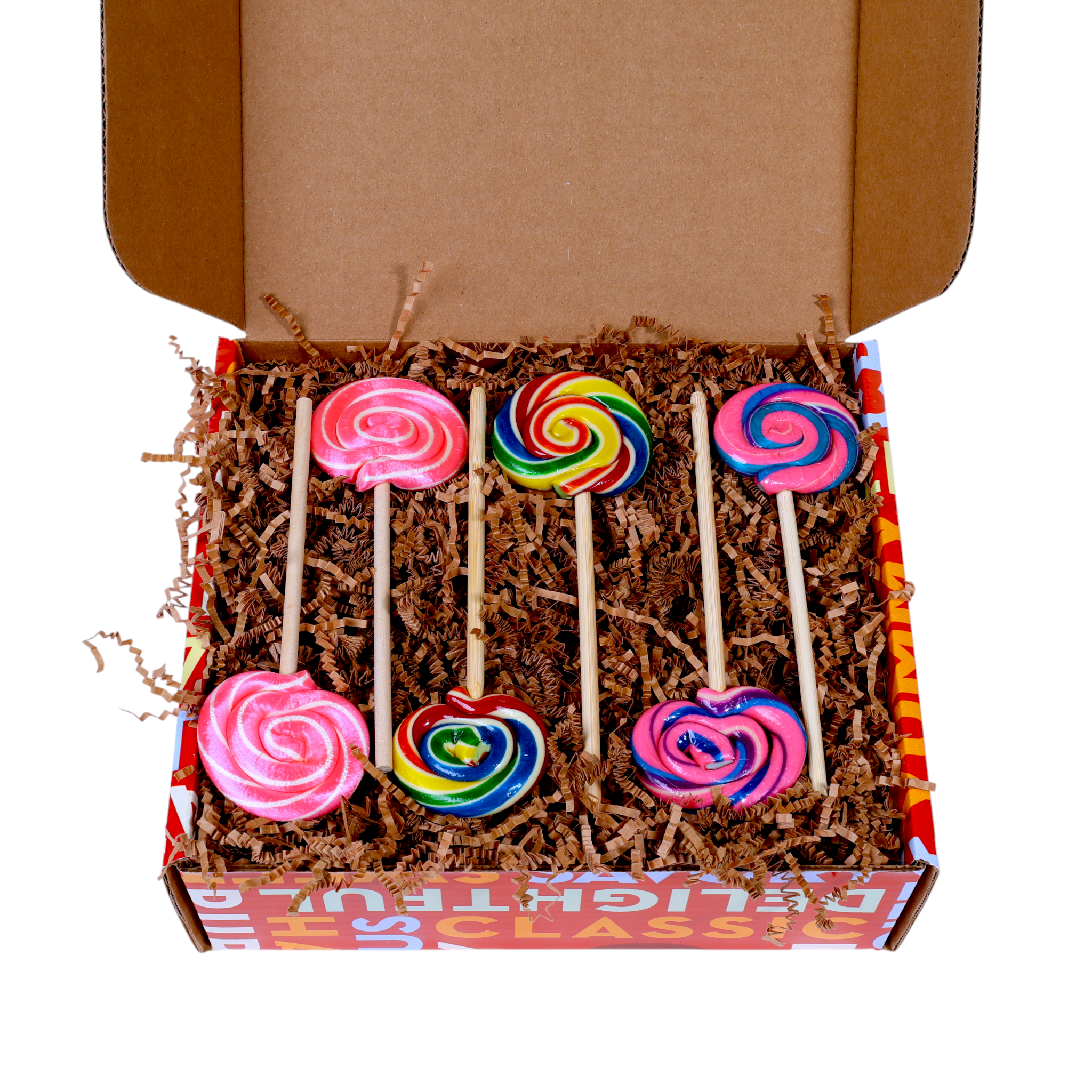 Colorful lollipops in a box with brown bedding