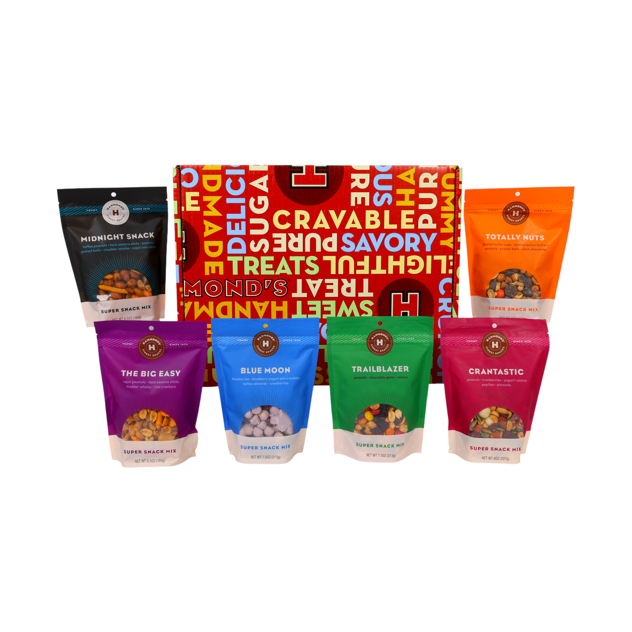 Hammond's Snack Mixes styled with gift box on white background
