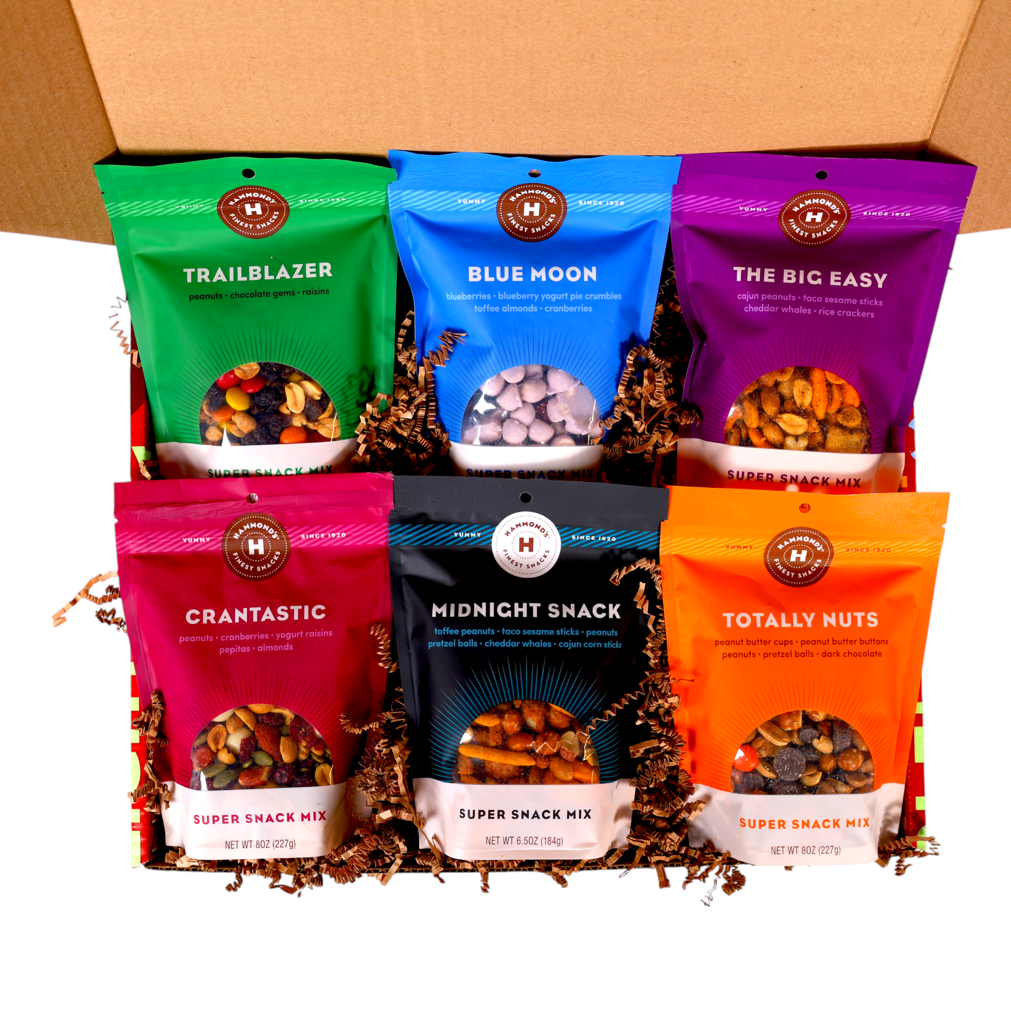 6 snack mixes in hammond's gift box