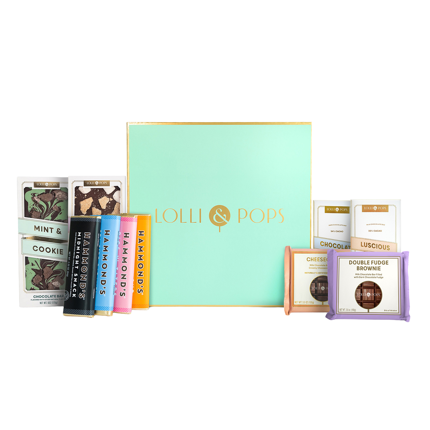 Lollipops and chocolate bars displayed in front of a Lolli & Pops branded box on a white background