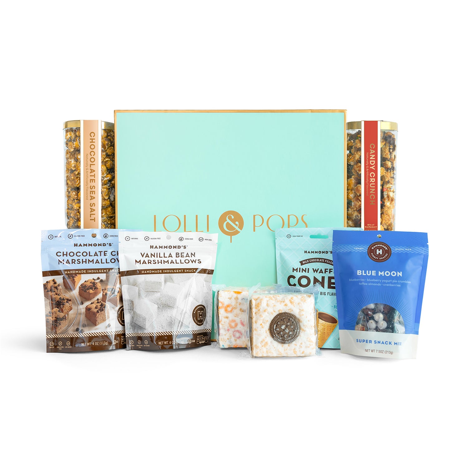 Assorted snacks and treats with Lollipops brand packaging on a white background