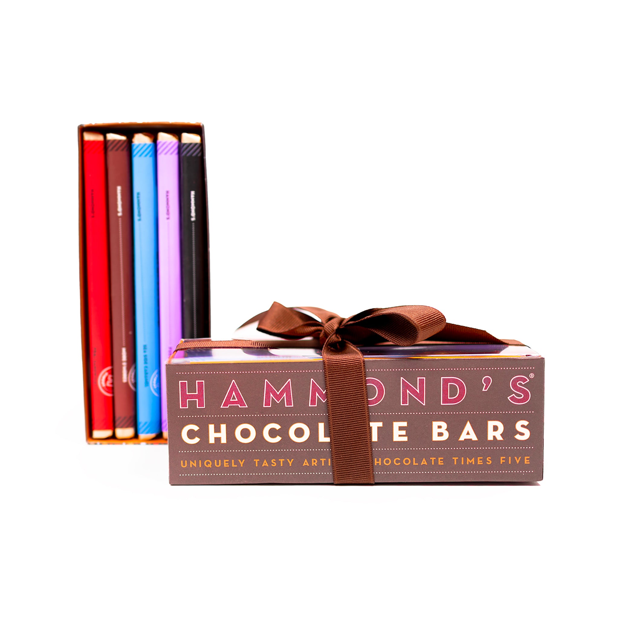 Box of Hammond's Chocolate Bars with a brown ribbon on a white background
