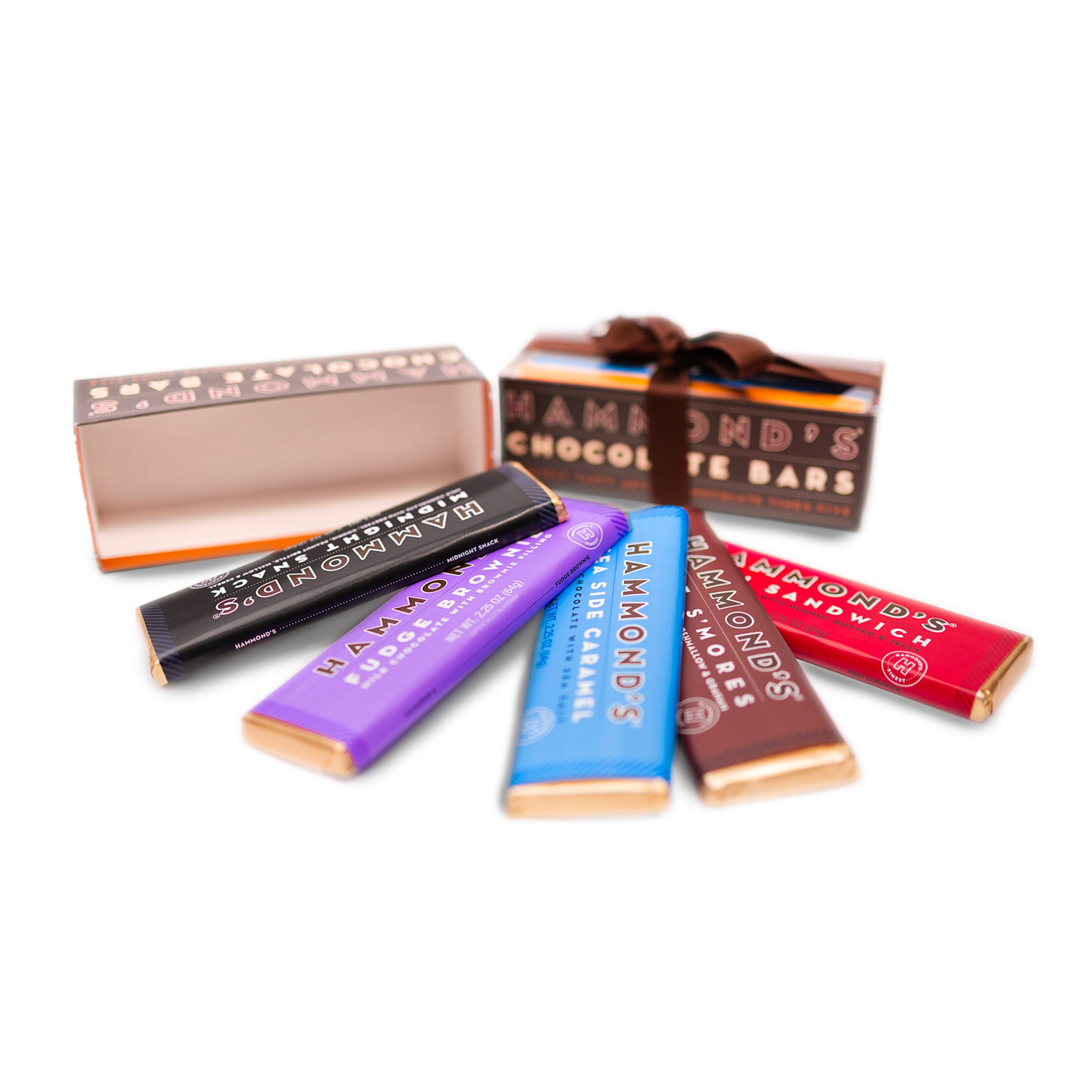 Assorted chocolate bars with Hammonds branding on a white background