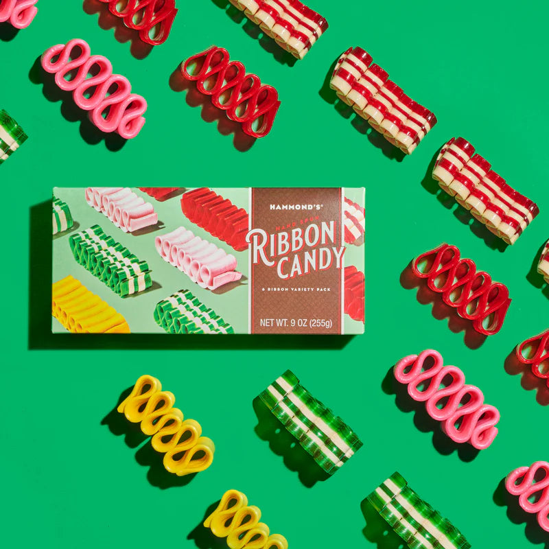 Hammond's Ribbon Candy packaging with colorful candy pieces on a green background