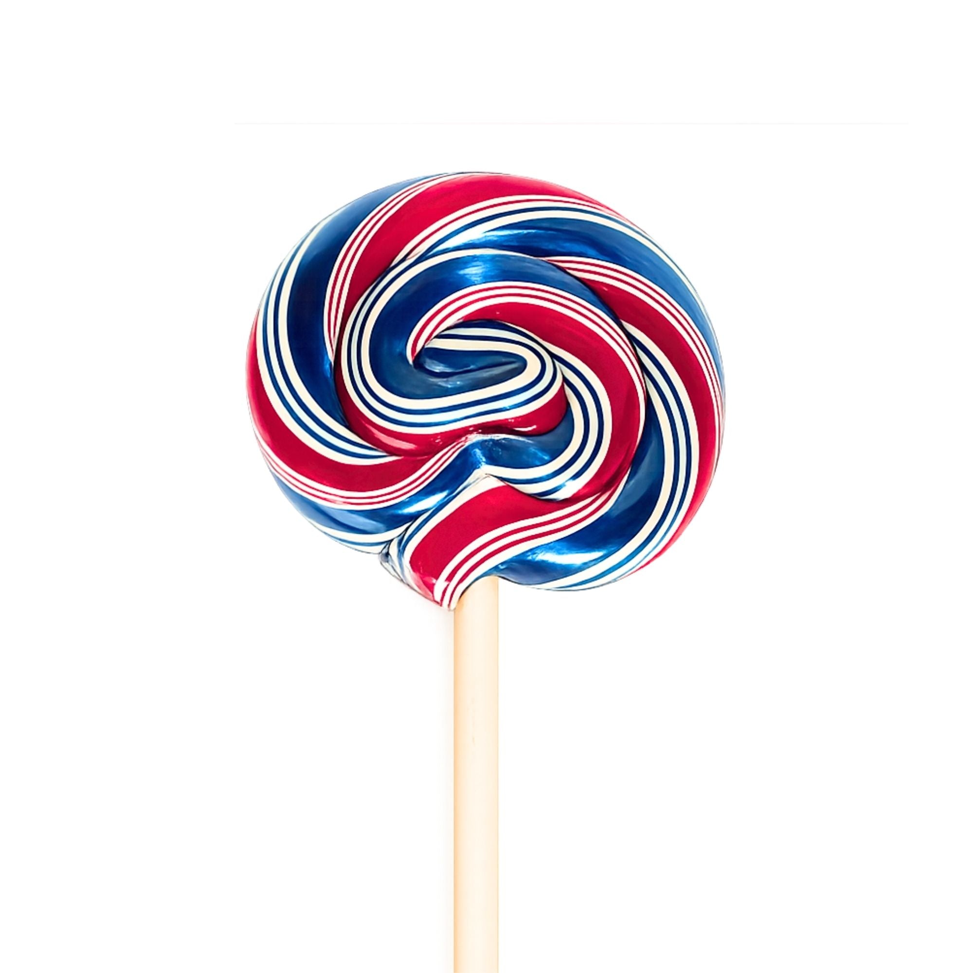 Red, white, and blue striped lollipop on a white background