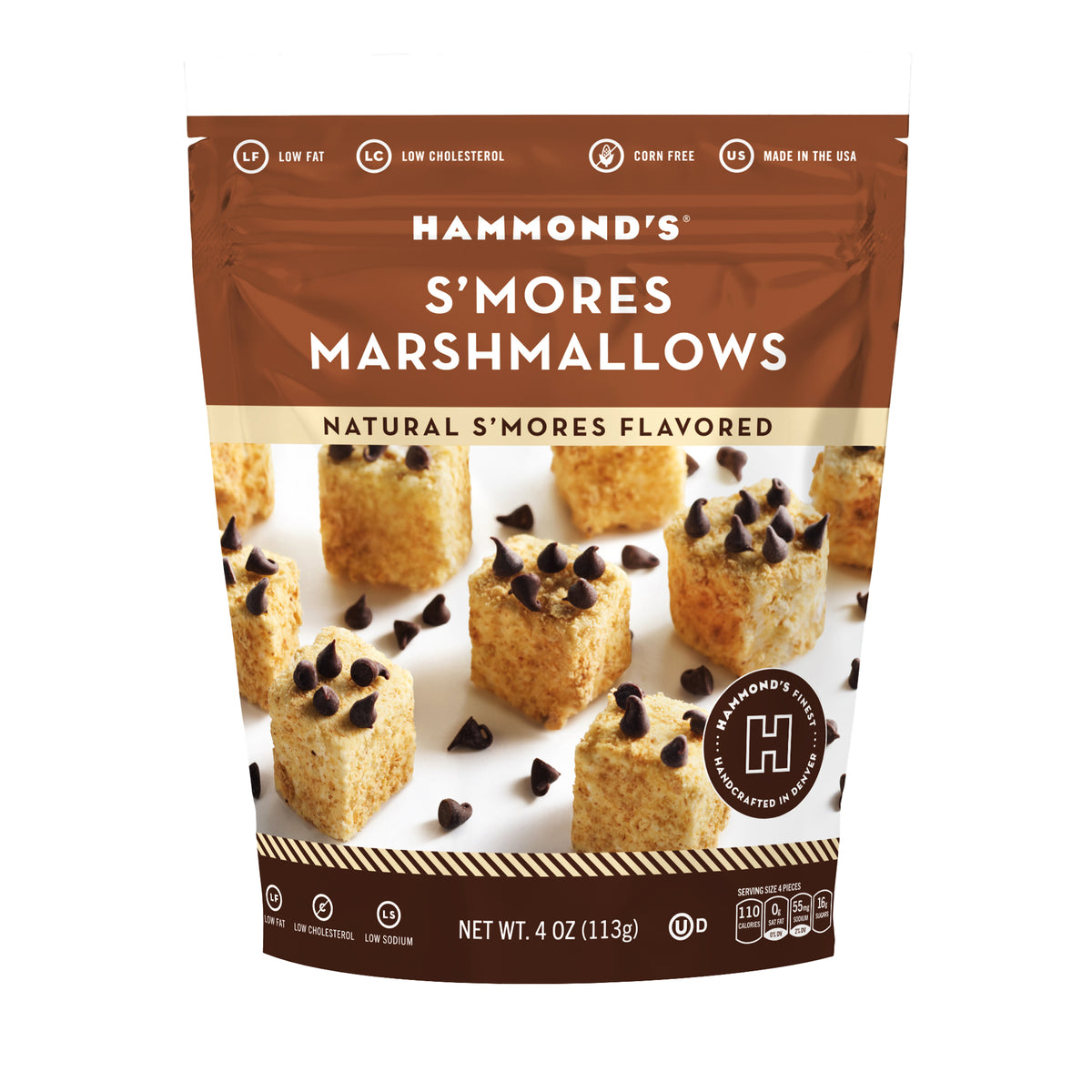 A 4 oz bag of Hammond's S'mores Marshmallows, featuring a brown and white packaging design with an image of chocolate chip marshmallows on the front.