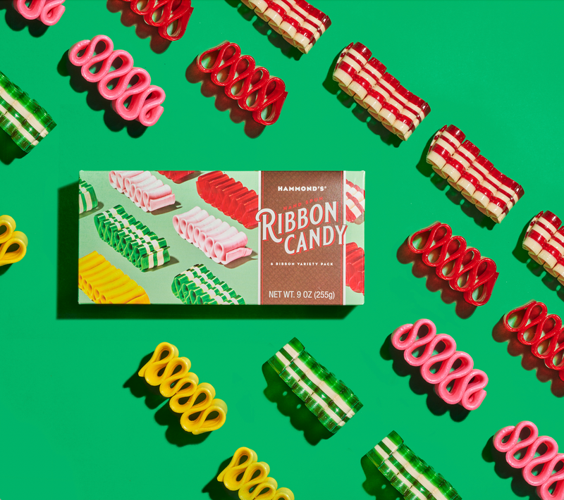 Hammond's Green Ribbon Candy Gift Box with Ribbon Laying
