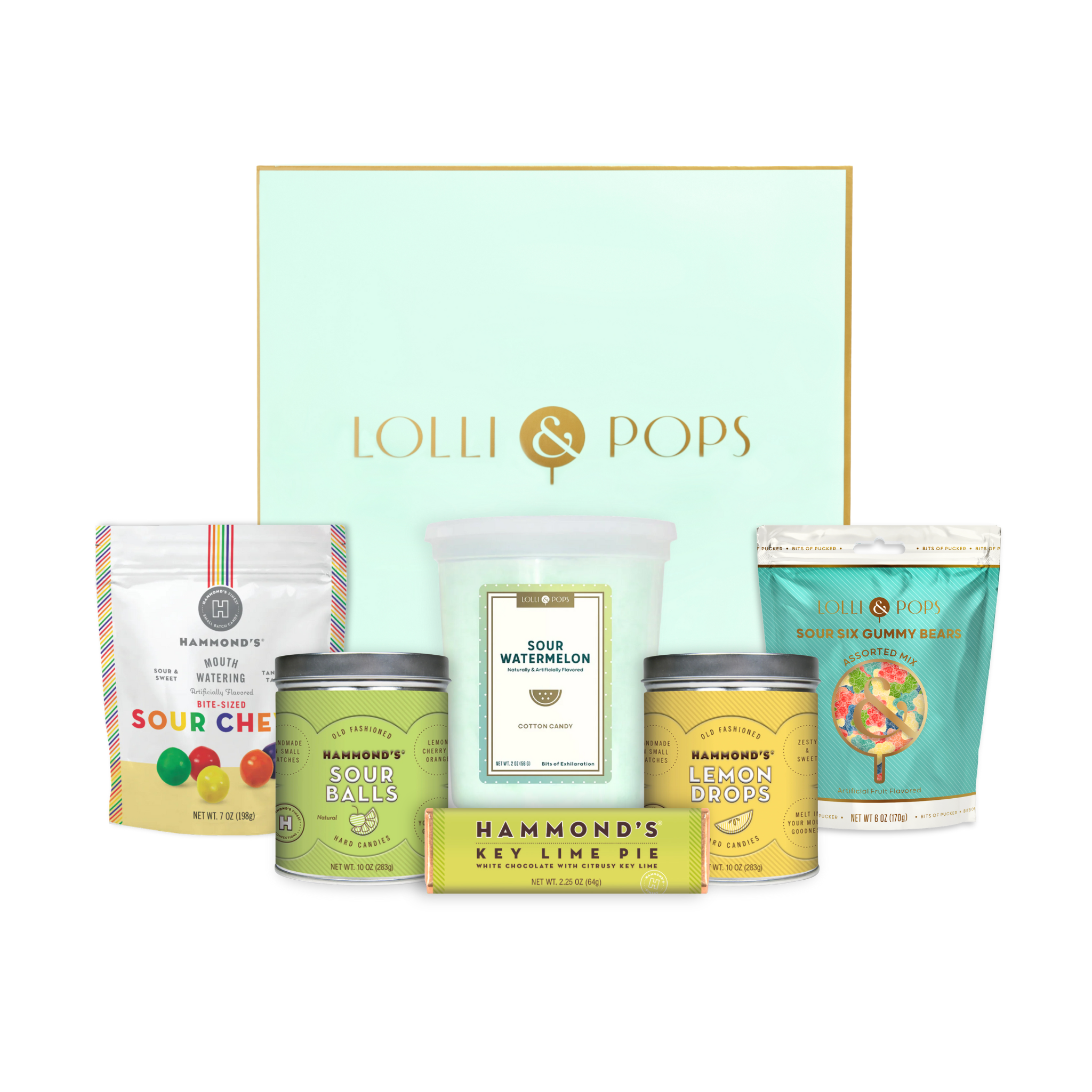 Sours Gift Box in front of Lolli & Pops Gift Box. Made up of sour chews, sour balls, key lime pie bar, sour waterelon, lemon drops, and sour 6 gummies