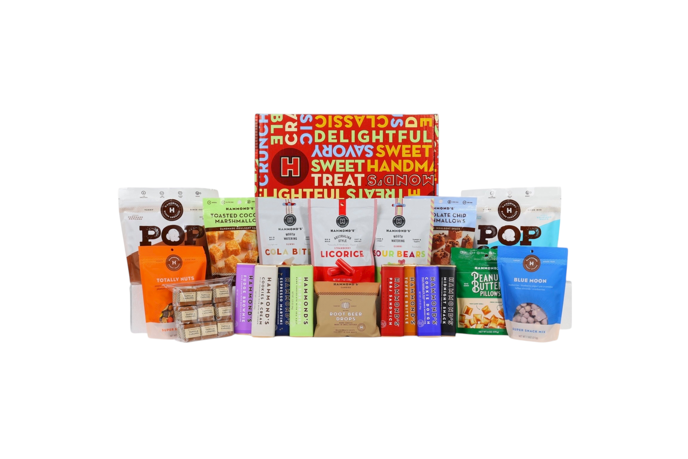 Assorted snack packages on a white background