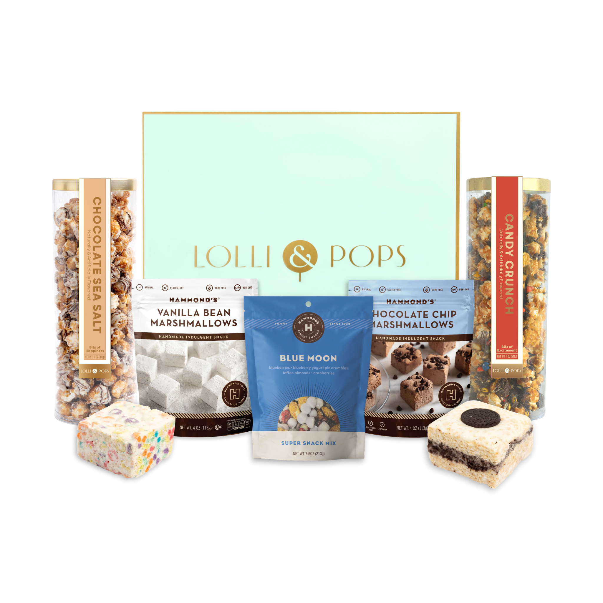 Hammonds & L&P snack box with 2 caramel corns, 2 crispies, 2 marshmallow bags, and a blue moon snack mix bag.