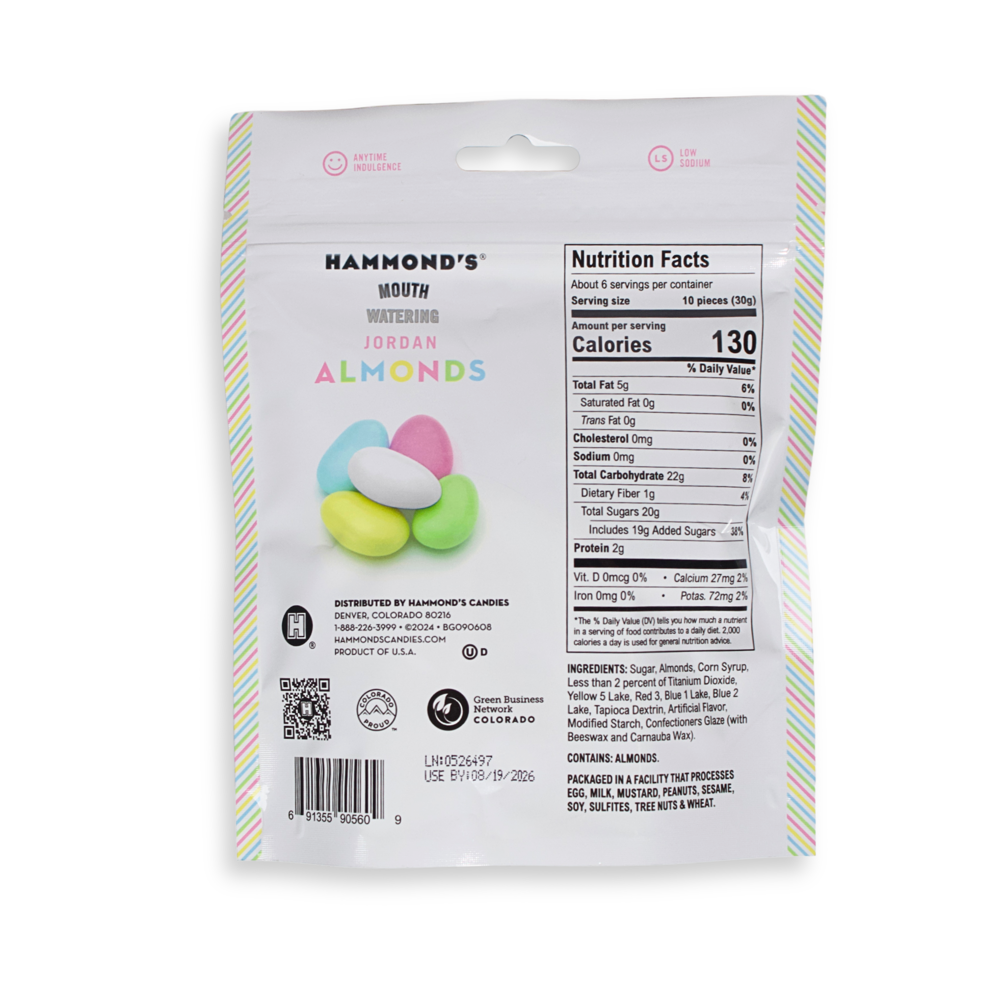 Hammond's Jordan Almonds packaging with nutrition facts on a white background